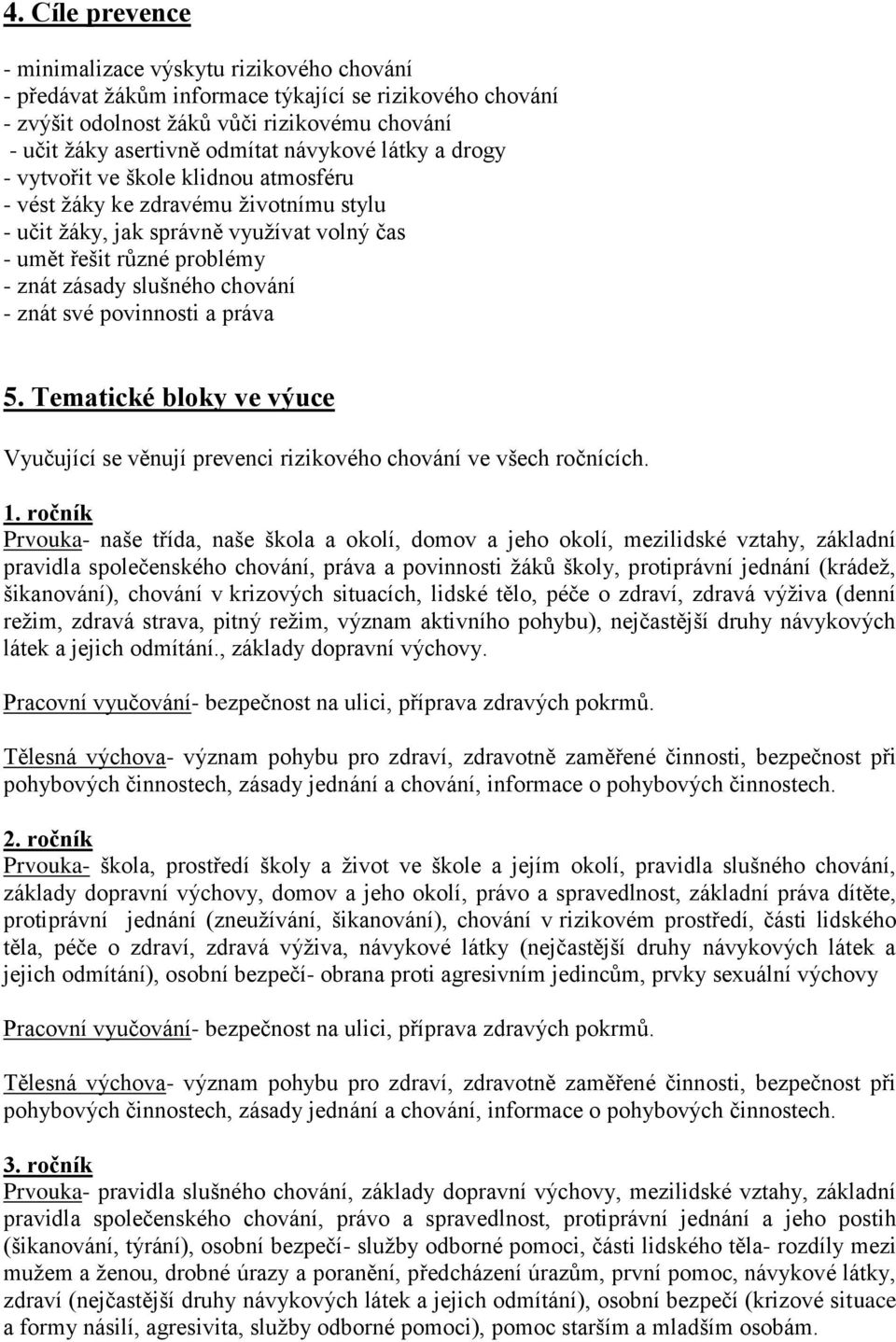 chování - znát své povinnosti a práva 5. Tematické bloky ve výuce Vyučující se věnují prevenci rizikového chování ve všech ročnících. 1.