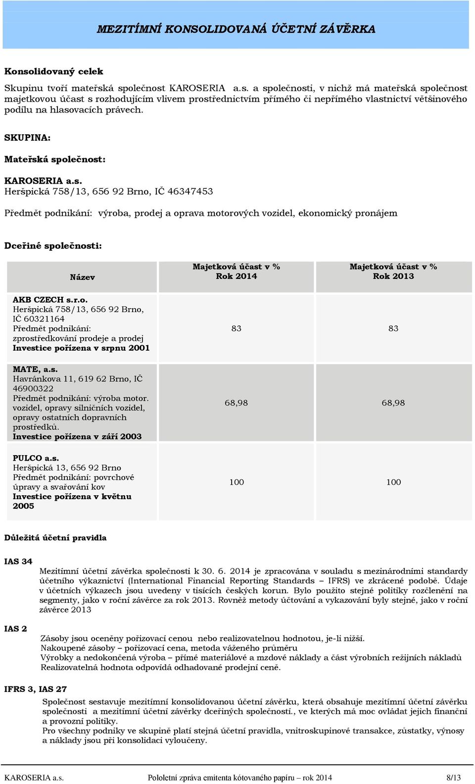 á společnost KAROSERIA a.s. a společnosti, v nichž má mateřská společnost majetkovou účast s rozhodujícím vlivem prostřednictvím přímého či nepřímého vlastnictví většinového podílu na hlasovacích právech.