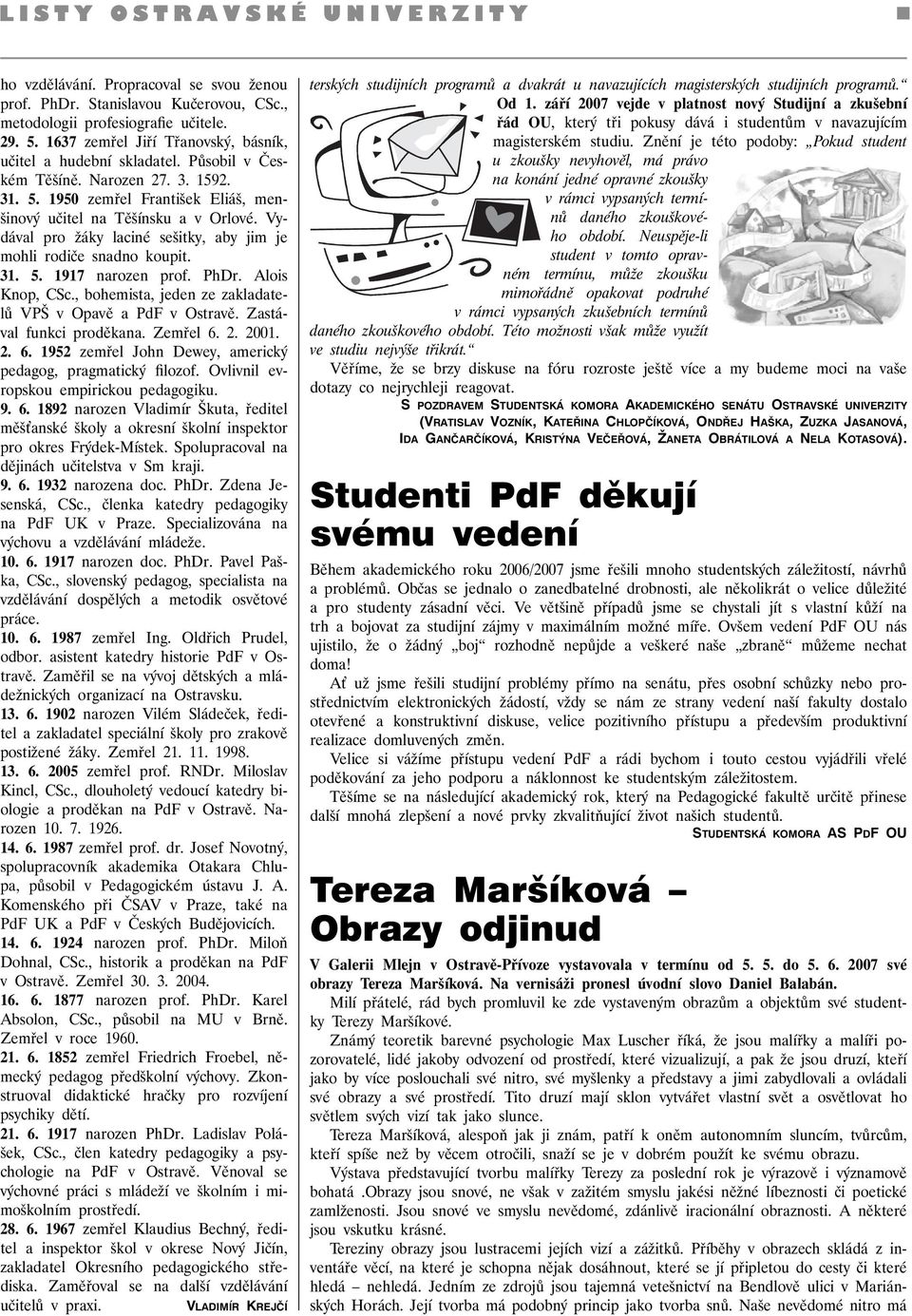 PhDr. Alois Knop, CSc., bohemista, jeden ze zakladatelů VPŠ v Opavě a PdF v Ostravě. Zastával funkci proděkana. Zemřel 6. 2. 2001. 2. 6. 1952 zemřel John Dewey, americký pedagog, pragmatický filozof.