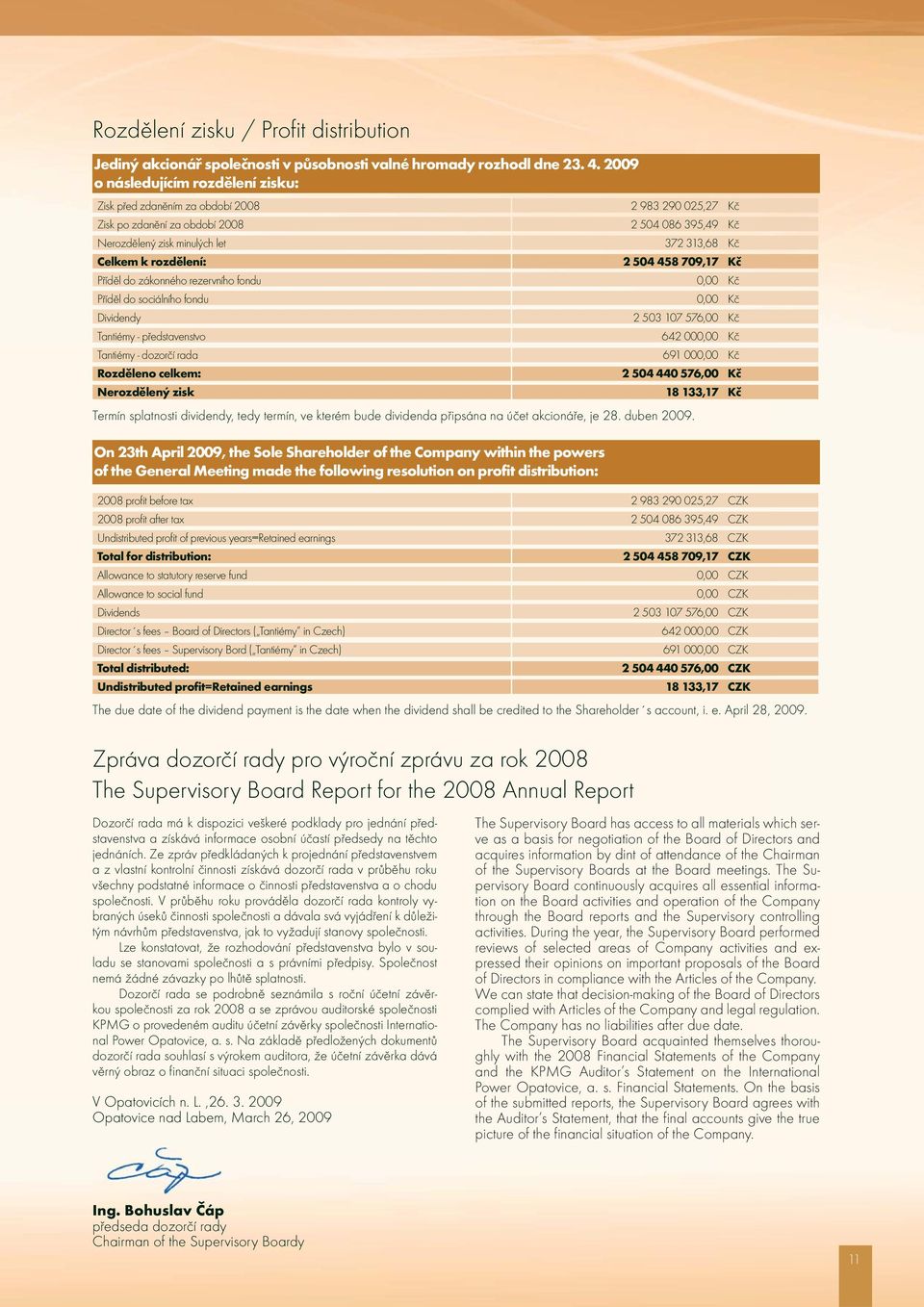 rozdělení: 2 504 458 709,17 Kč Příděl do zákonného rezervního fondu 0,00 Kč Příděl do sociálního fondu 0,00 Kč Dividendy 2 503 107 576,00 Kč Tantiémy - představenstvo 642 000,00 Kč Tantiémy - dozorčí