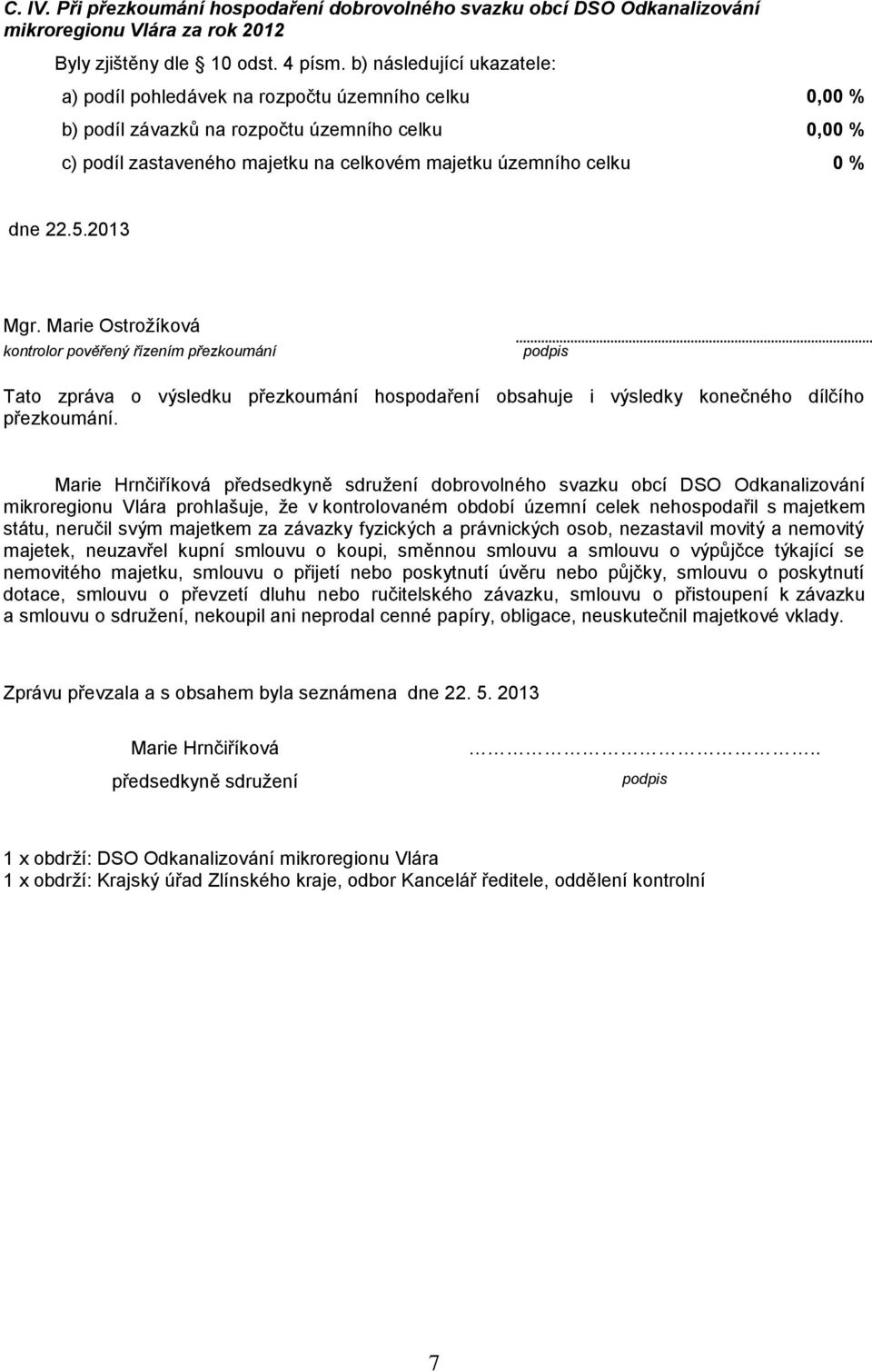 dne 22.5.2013 Mgr. Marie Ostrožíková kontrolor pověřený řízením přezkoumání podpis Tato zpráva o výsledku přezkoumání hospodaření obsahuje i výsledky konečného dílčího přezkoumání.