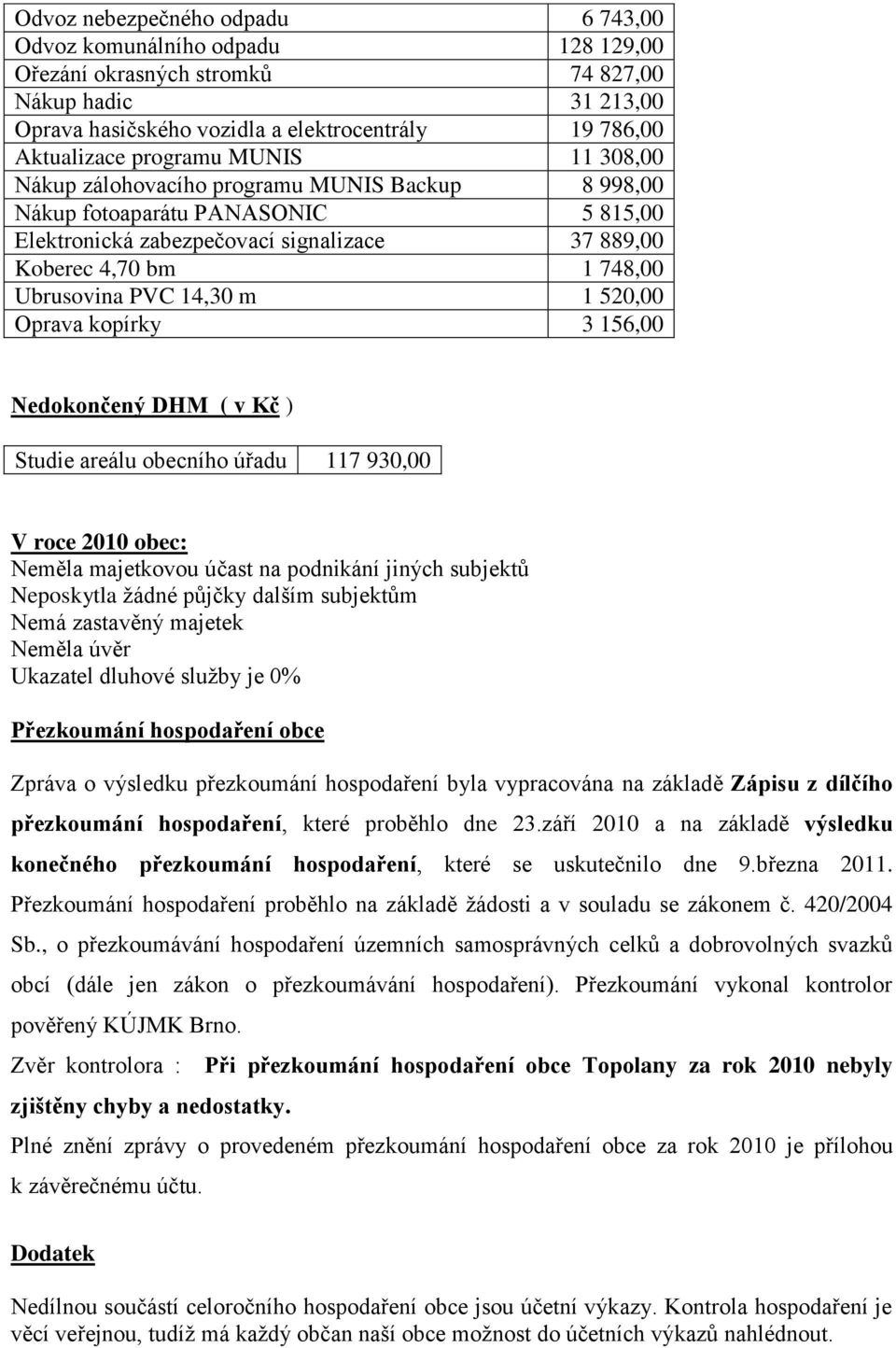 PVC 14,30 m 1 520,00 Oprava kopírky 3 156,00 Nedokončený DHM ( v Kč ) Studie areálu obecního úřadu 117 930,00 V roce 2010 obec: Neměla majetkovou účast na podnikání jiných subjektů Neposkytla žádné