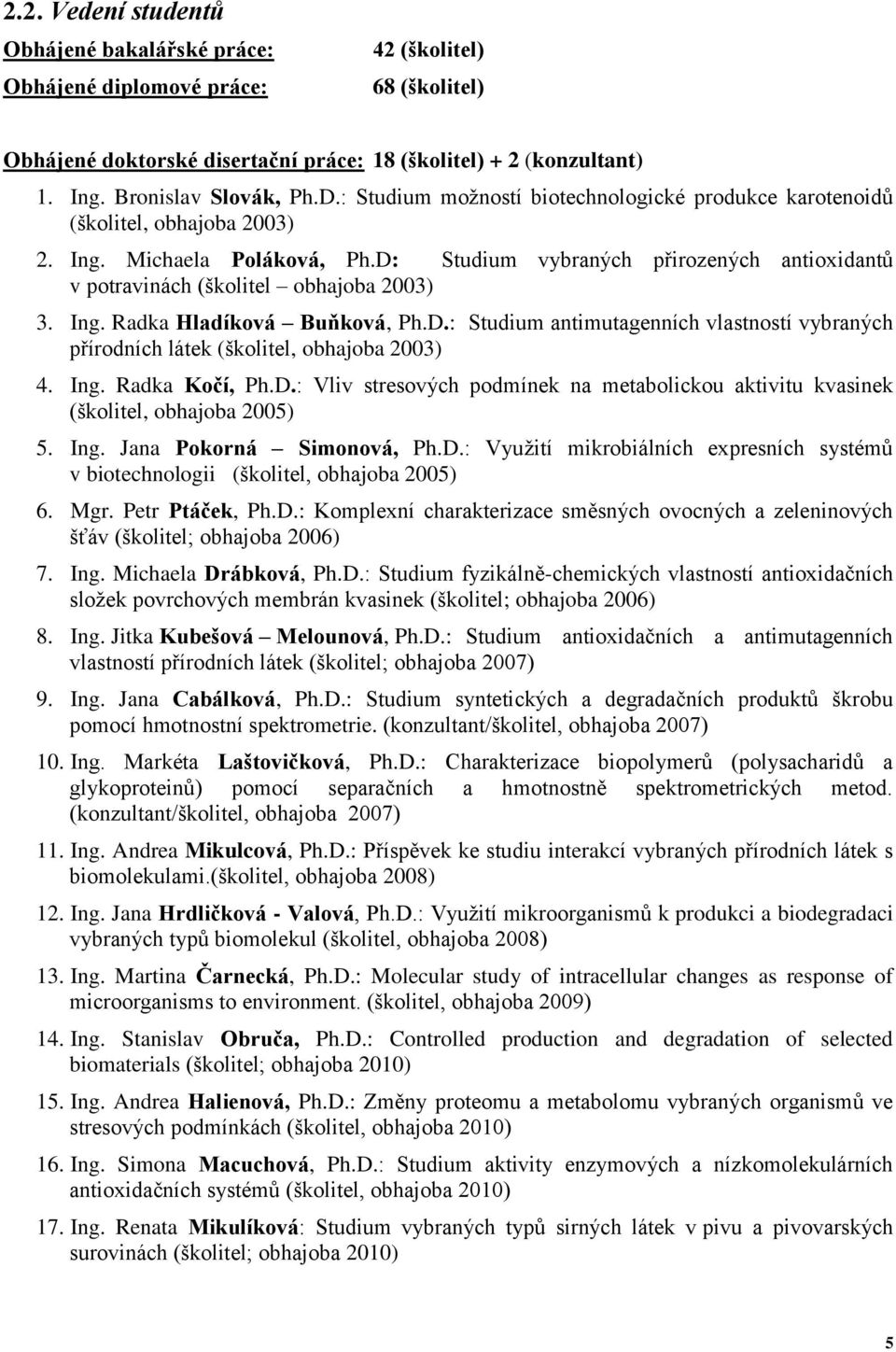 D: Studium vybraných přirozených antioxidantů v potravinách (školitel obhajoba 2003) 3. Ing. Radka Hladíková Buňková, Ph.D.: Studium antimutagenních vlastností vybraných přírodních látek (školitel, obhajoba 2003) 4.