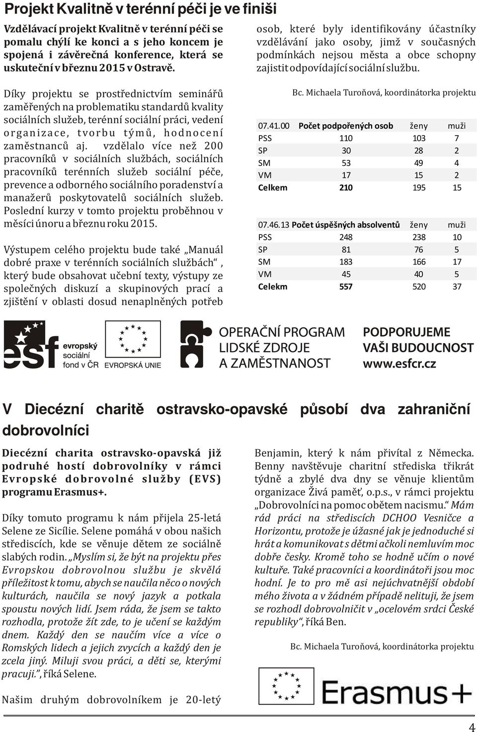 Díky projektu se prostøednictvím semináøù zamìøených na problematiku standardù kvality sociálních služeb, terénní sociální práci, vedení organizace, tvorbu týmù, hodnocení zamìstnancù aj.