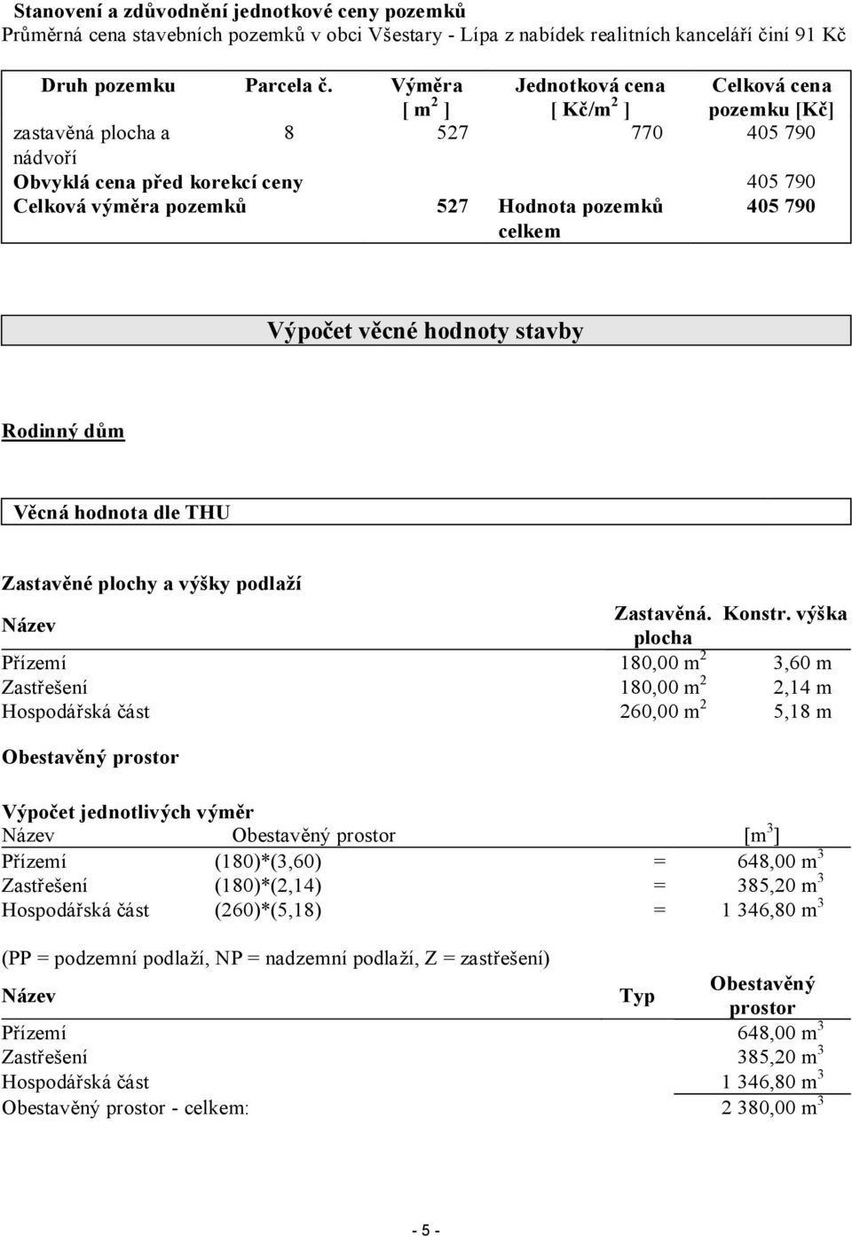 celkem 405 790 Výpočet věcné hodnoty stavby Rodinný dům Věcná hodnota dle THU Zastavěné plochy a výšky podlaží Název Zastavěná. Konstr.