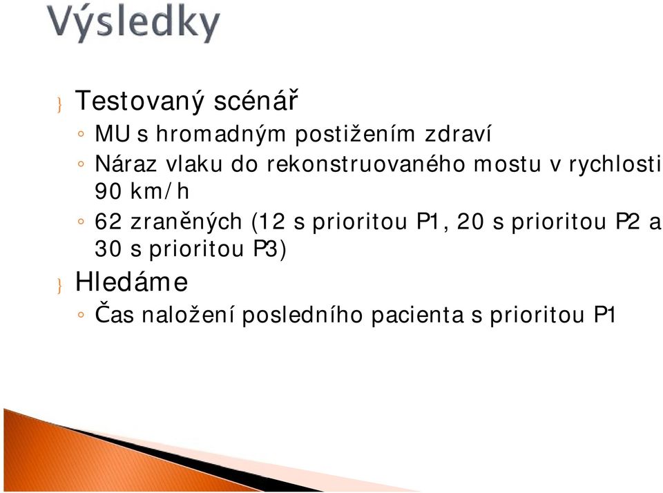 zraněných (12 s prioritou P1, 20 s prioritou P2 a 30 s