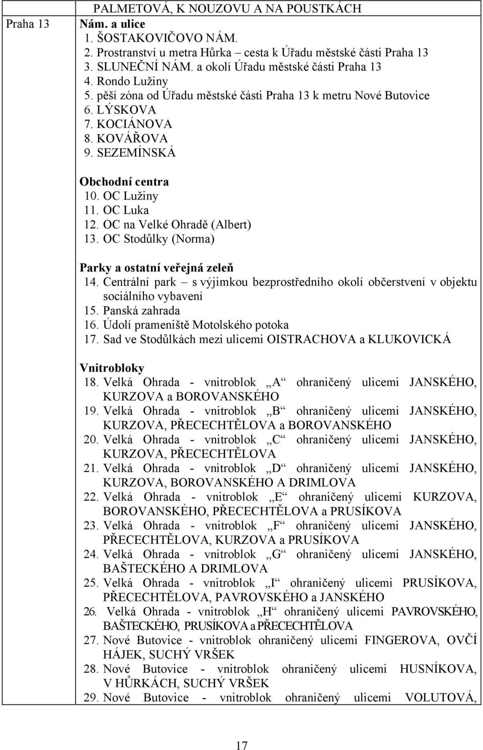 OC Stodůlky (Norma) 14. Centrální park s výjimkou bezprostředního okolí občerstvení v objektu sociálního vybavení 15. Panská zahrada 16. Údolí prameniště Motolského potoka 17.