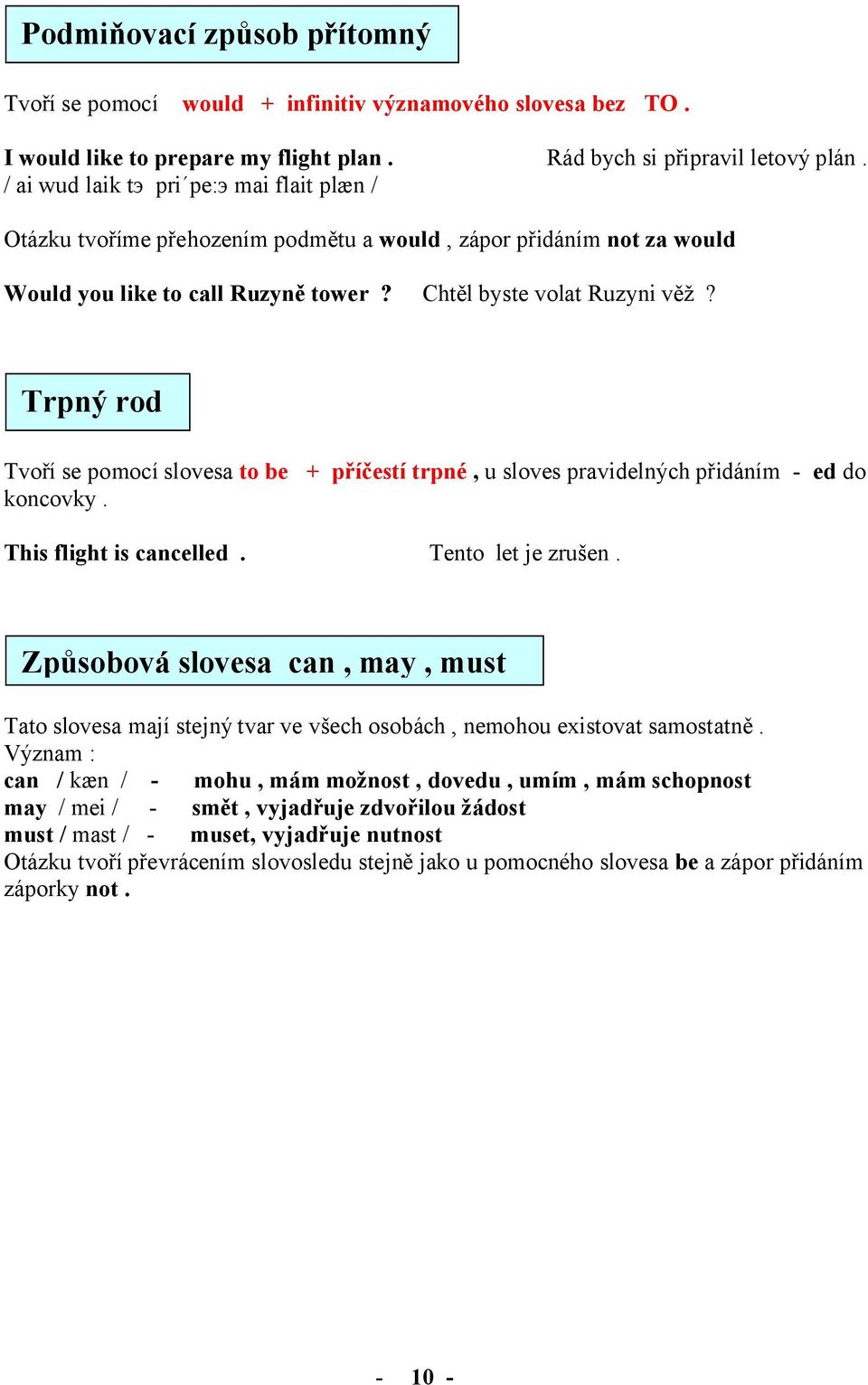 Trpný rod Tvoří se pomocí slovesa to be + příčestí trpné, u sloves pravidelných přidáním - ed do koncovky. This flight is cancelled. Tento let je zrušen.