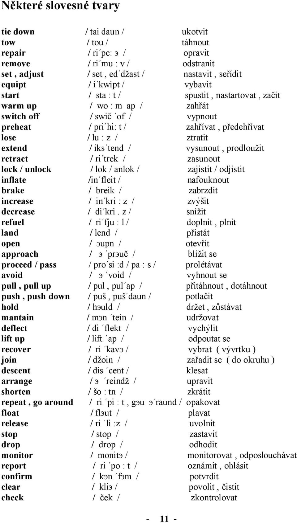 / vysunout, prodloužit retract / ri trek / zasunout lock / unlock / lok / anlok / zajistit / odjistit inflate /in fleit / nafouknout brake / breik / zabrzdit increase / in kri : z / zvýšit decrease /