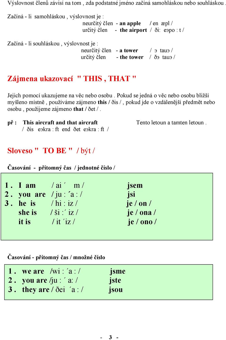 určitý člen - the tower / ðэ tauэ / Zájmena ukazovací " THIS, THAT " Jejich pomocí ukazujeme na věc nebo osobu.