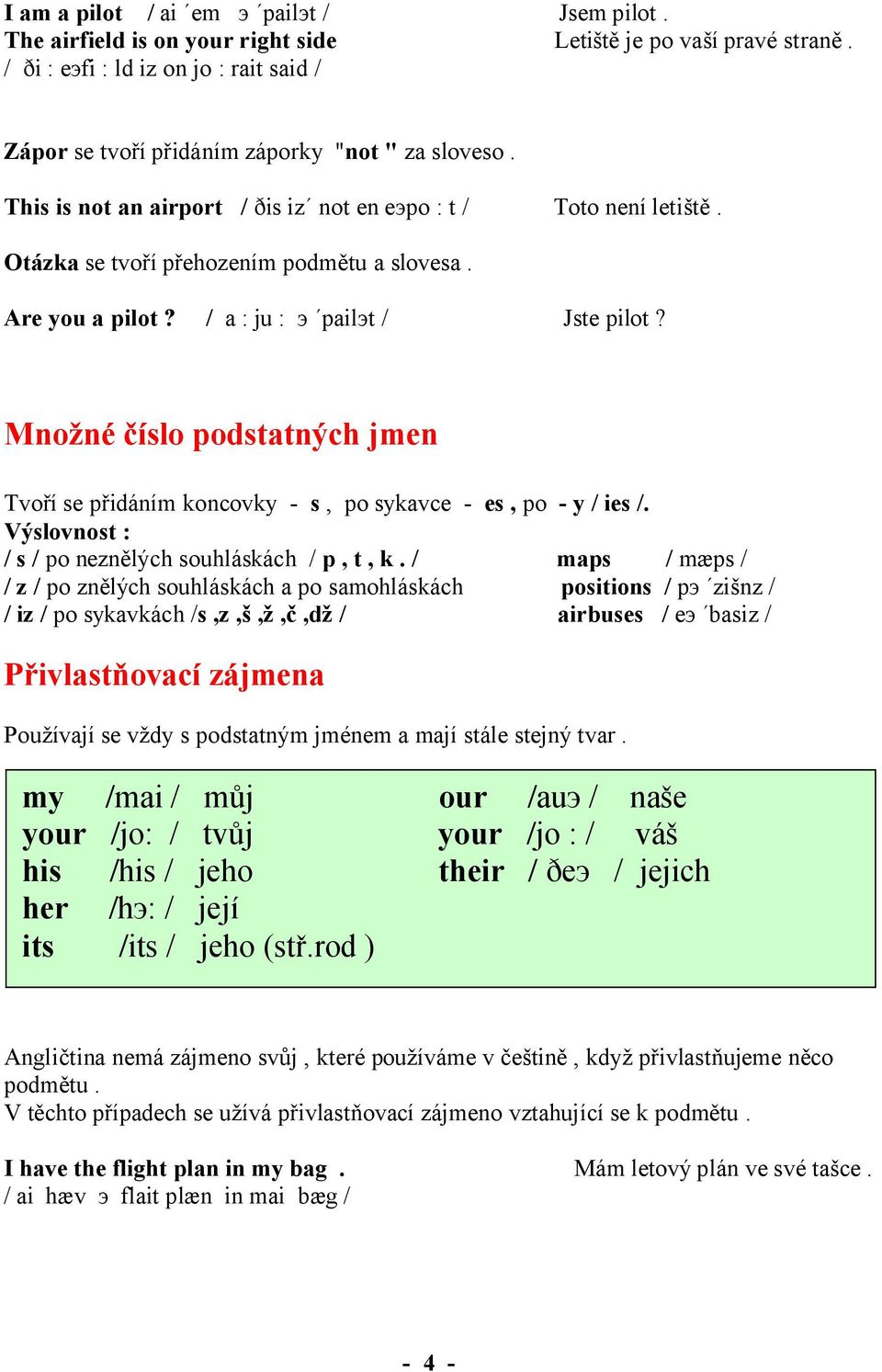 Otázka se tvoří přehozením podmětu a slovesa. Are you a pilot? / a : ju : э pailэt / Jste pilot? Množné číslo podstatných jmen Tvoří se přidáním koncovky - s, po sykavce - es, po - y / ies /.