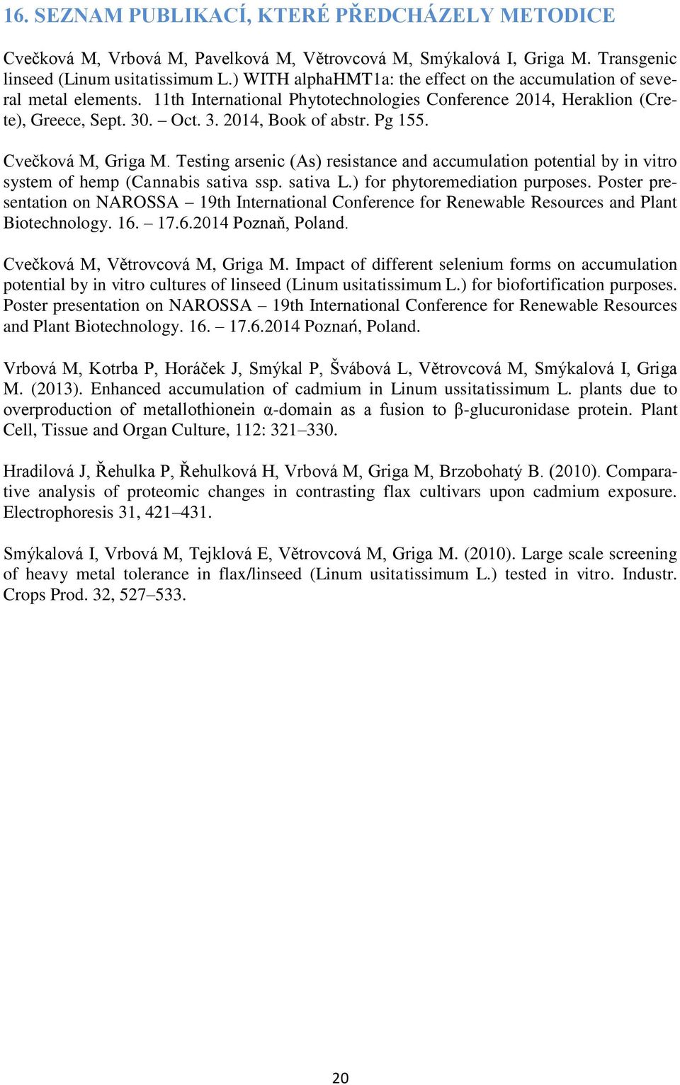 Pg 155. Cvečková M, Griga M. Testing arsenic (As) resistance and accumulation potential by in vitro system of hemp (Cannabis sativa ssp. sativa L.) for phytoremediation purposes.