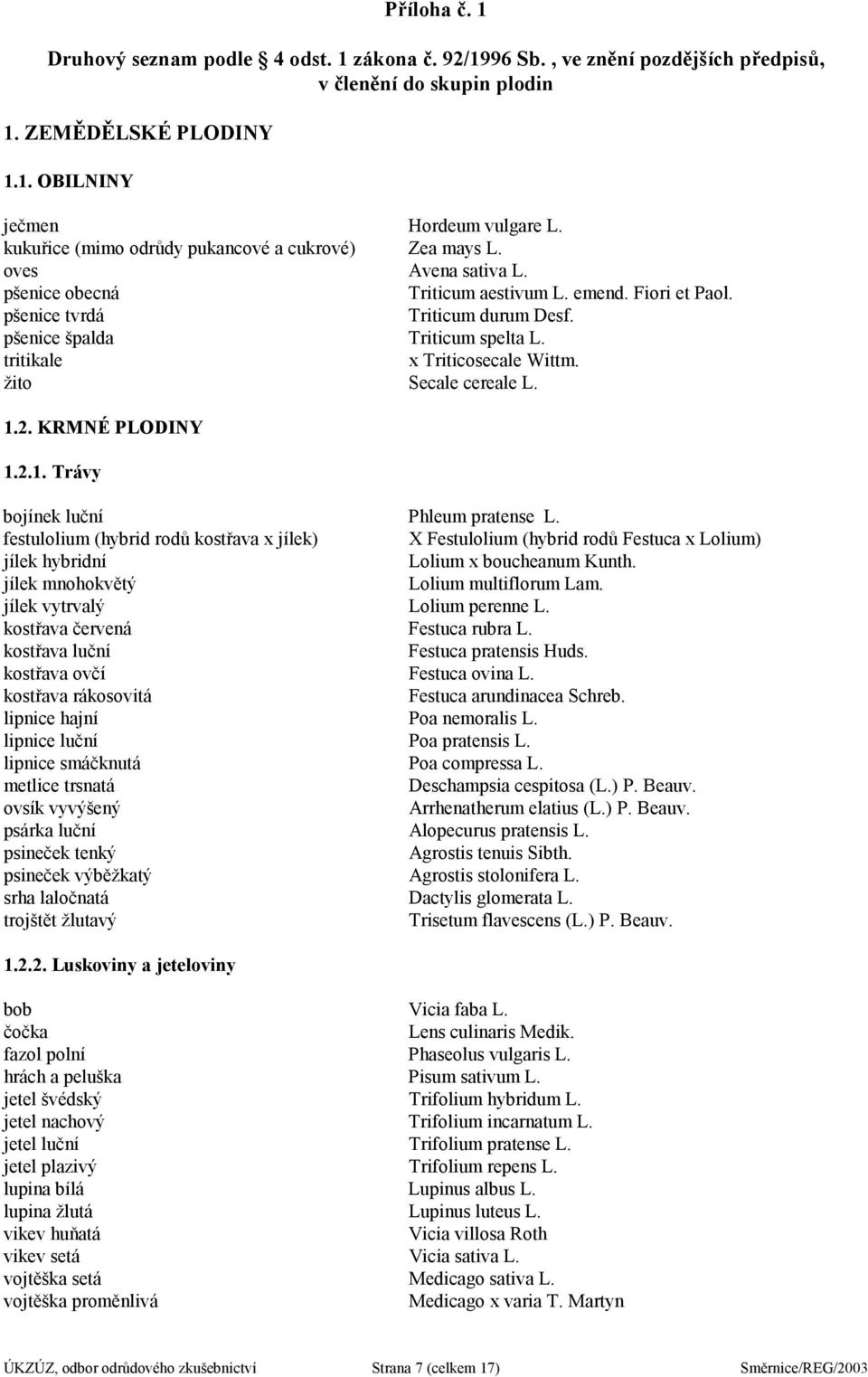 pšenice špalda Triticum spelta L. tritikale x Triticosecale Wittm. žito Secale cereale L. 1.2. KRMNÉ PLODINY 1.2.1. Trávy bojínek luční Phleum pratense L.