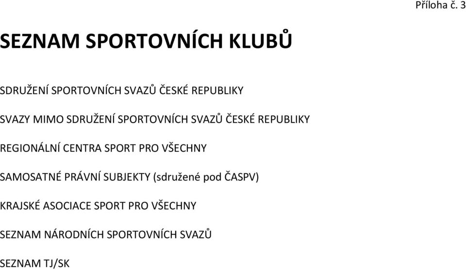 SVAZY MIMO SDRUŽENÍ SPORTOVNÍCH SVAZŮ ČESKÉ REPUBLIKY REGIONÁLNÍ CENTRA