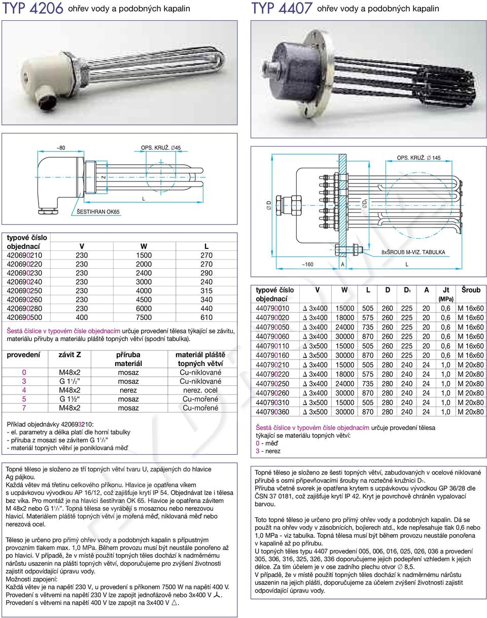 větví (spodní tabulka). provedení závit Z příruba materiál pláště materiál topných větví 0 M48x2 mosaz Cu-niklované 3 G 1 1 /2 mosaz Cu-niklované 4 M48x2 nerez nerez.