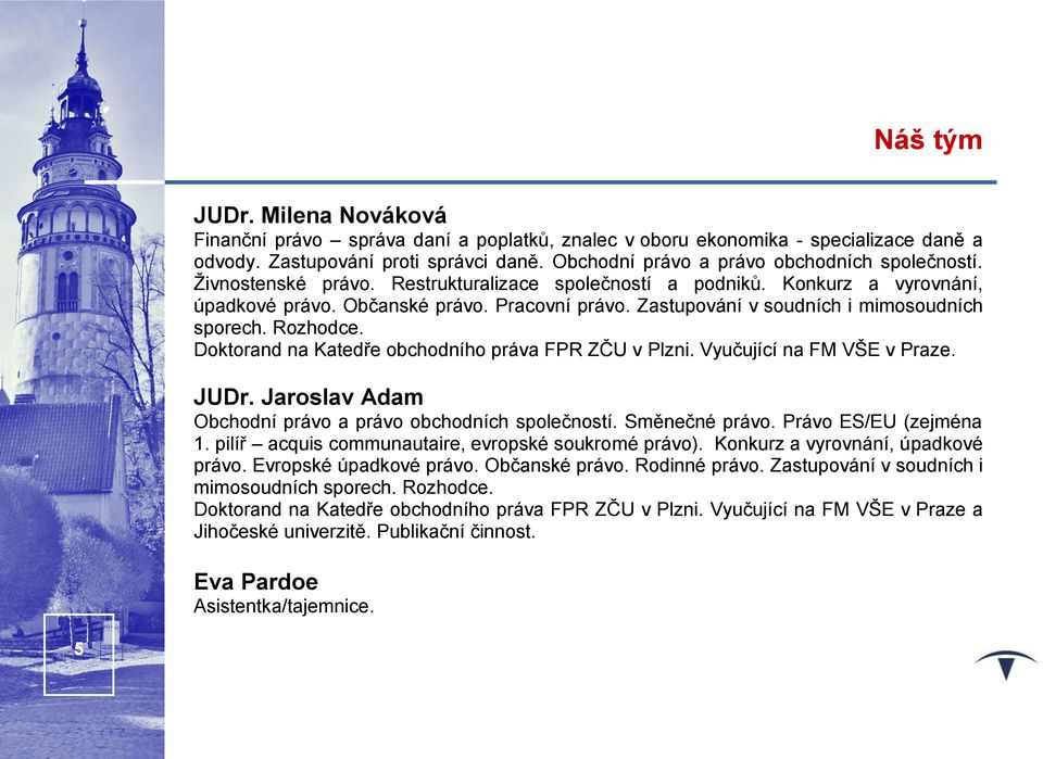 Zastupování v soudních i mimosoudních sporech. Rozhodce. Doktorand na Katedře obchodního práva FPR ZČU v Plzni. Vyučující na FM VŠE v Praze. JUDr.