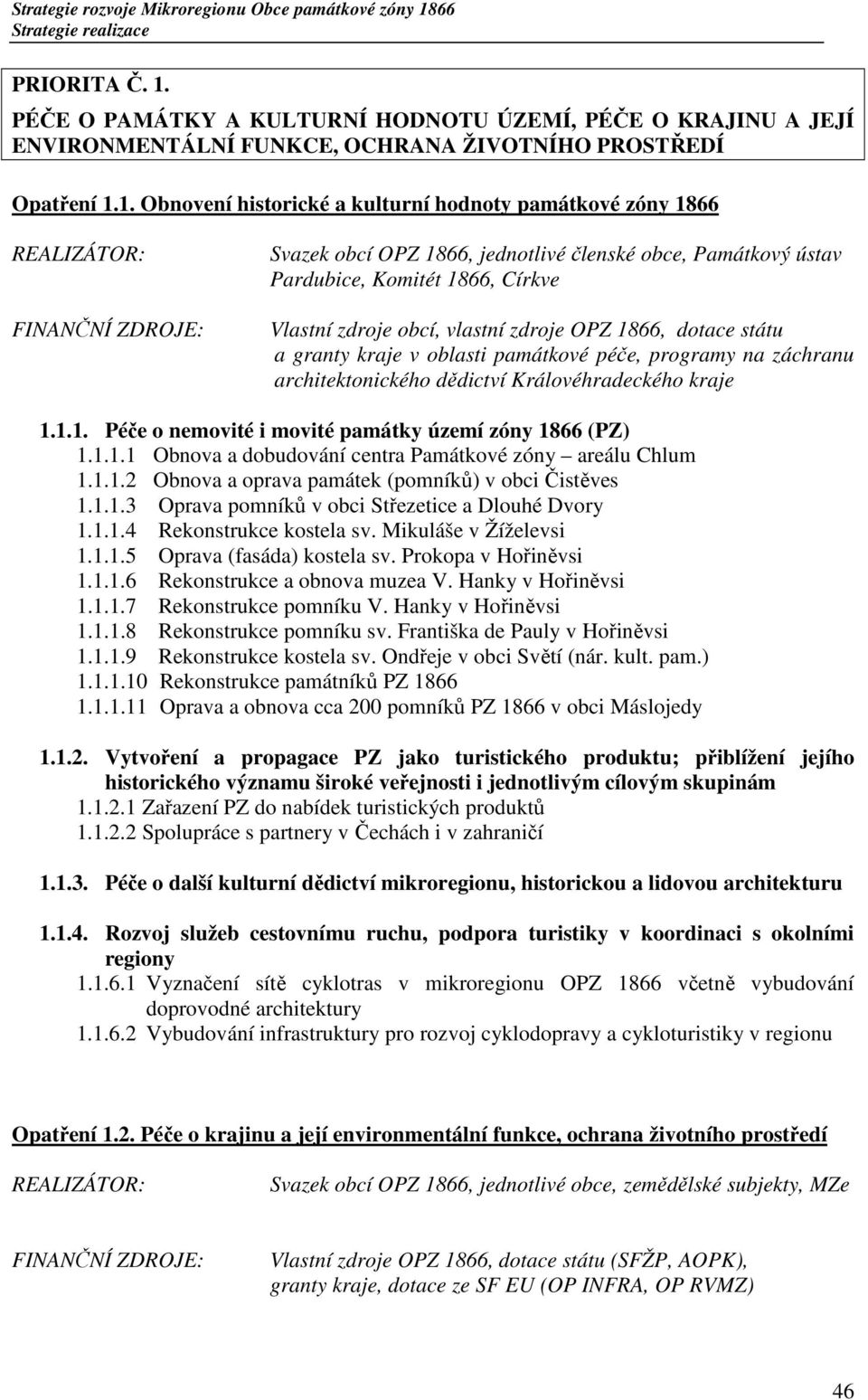 1. Obnovení historické a kulturní hodnoty památkové zóny 1866 Svazek obcí OPZ 1866, jednotlivé členské obce, Památkový ústav Pardubice, Komitét 1866, Církve Vlastní zdroje obcí, vlastní zdroje OPZ