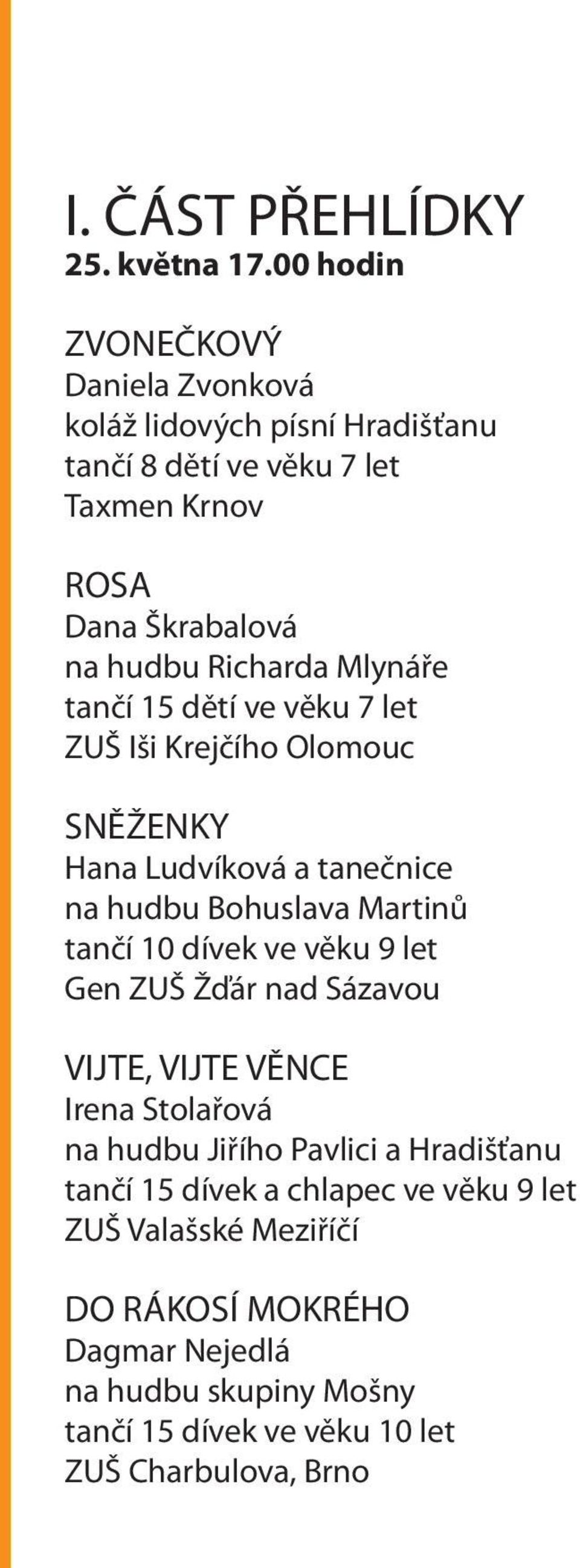 Mlynáře tančí 15 dětí ve věku 7 let ZUŠ Iši Krejčího Olomouc SNĚŽENKY Hana Ludvíková a tanečnice na hudbu Bohuslava Martinů tančí 10 dívek ve věku 9