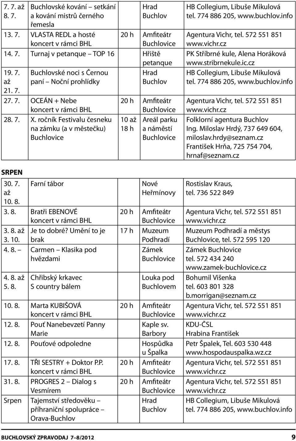 ročník Festivalu česneku na zámku (a v městečku) Buchlovice SRPEN 30. 7. Farní tábor až 10. 8. 3. 8. Bratři EBENOVÉ koncert v rámci BHL 3. 8. až Je to dobré? Umění to je 3. 10. brak 4. 8. Carmen Klasika pod hvězdami 4.