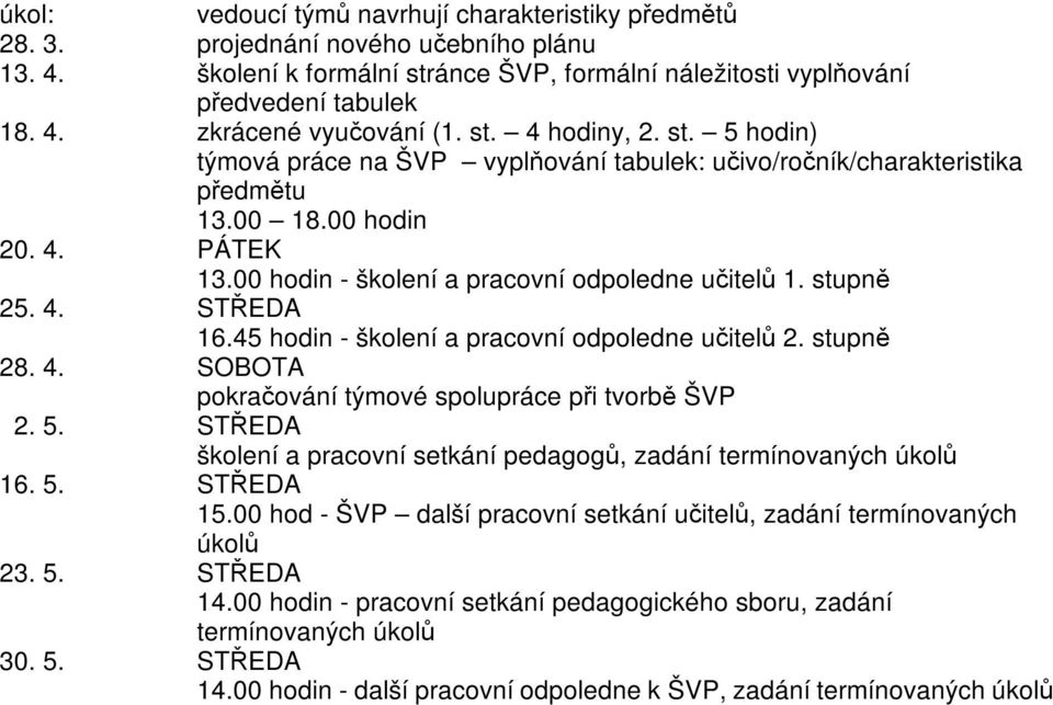 45 hodin - školení a pracovní odpoledne uitel 2. stupn 28. 4. SOBOTA pokraování týmové spolupráce pi tvorb ŠVP 2. 5. STEDA školení a pracovní setkání pedagog, zadání termínovaných úkol 16. 5. STEDA 15.