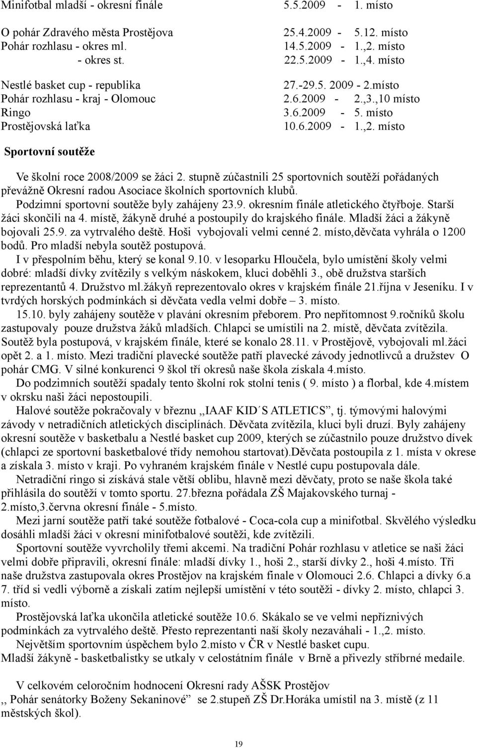 místo Sportovní soutěže Ve školní roce 2008/2009 se žáci 2. stupně zúčastnili 25 sportovních soutěží pořádaných převážně Okresní radou Asociace školních sportovních klubů.