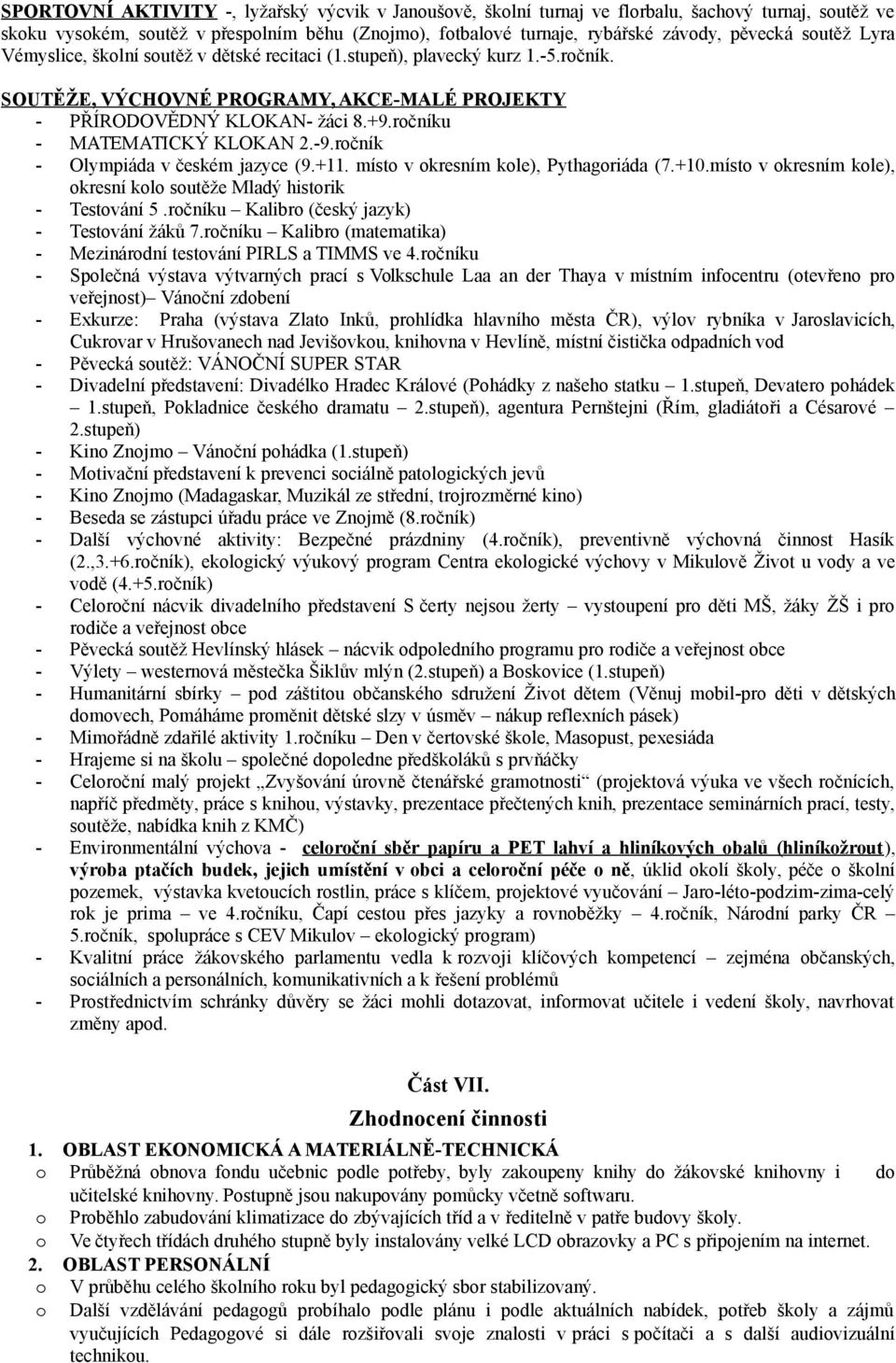 rčník - Olympiáda v českém jazyce (9.+11. míst v kresním kle), Pythagriáda (7.+10.míst v kresním kle), kresní kl sutěže Mladý histrik - Testvání 5.rčníku Kalibr (český jazyk) - Testvání žáků 7.