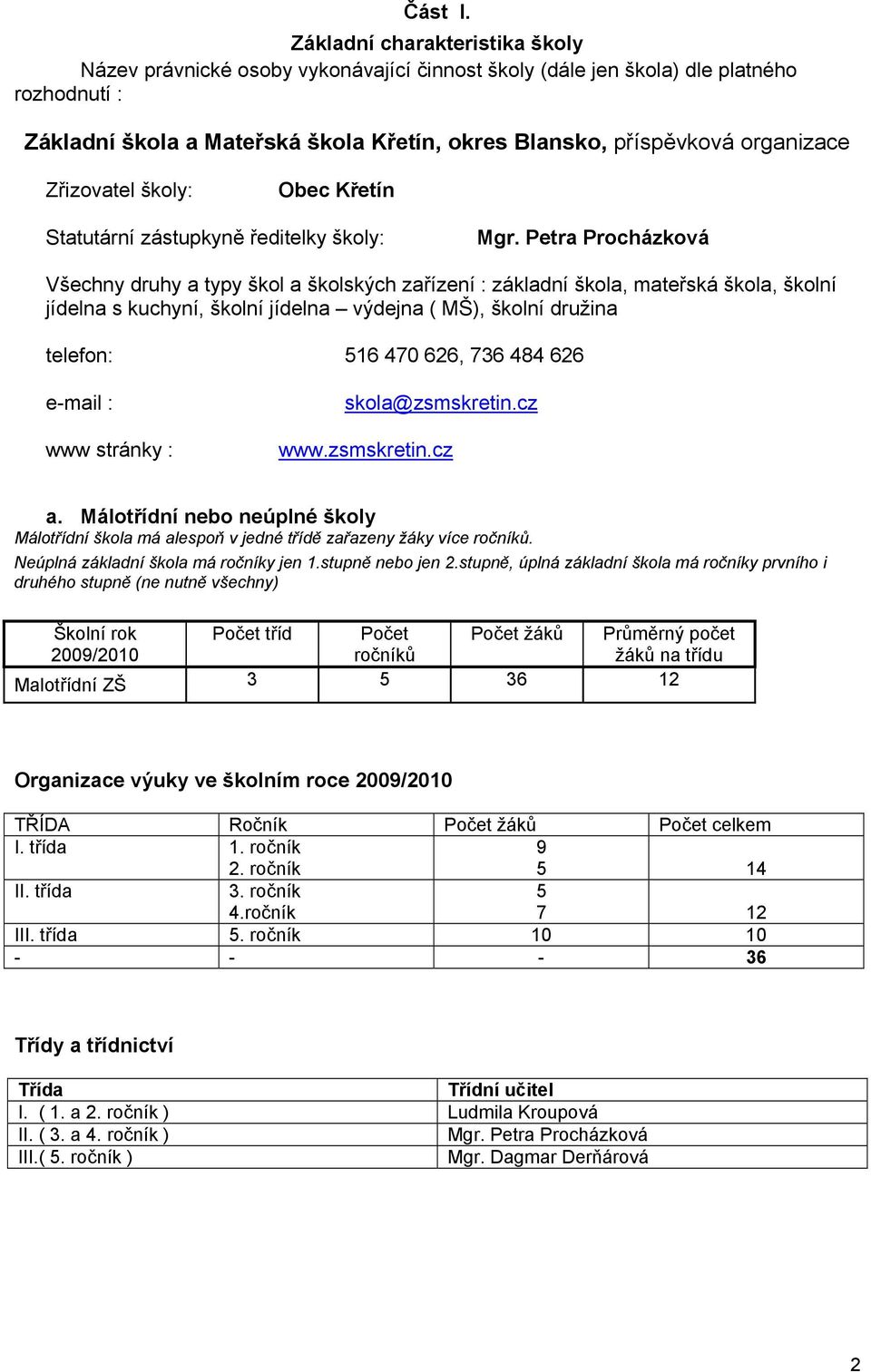 organizace Zřizovatel školy: Obec Křetín Statutární zástupkyně ředitelky školy: Mgr.