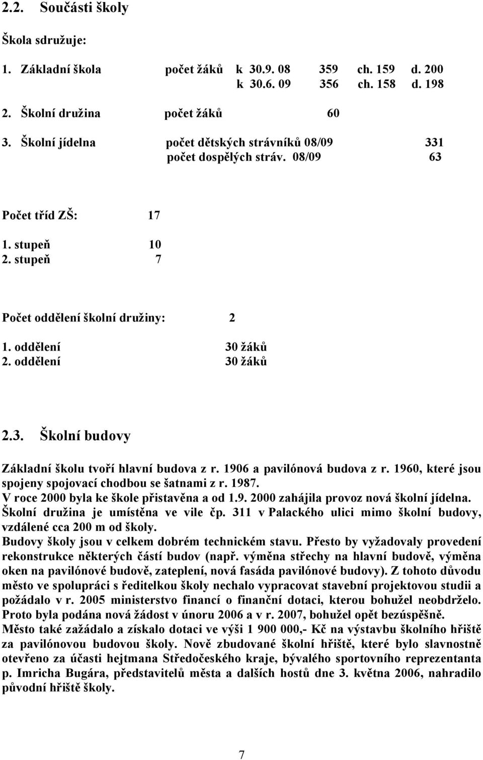 1906 a pavilónová budova z r. 1960, které jsou spojeny spojovací chodbou se šatnami z r. 1987. V roce 2000 byla ke škole přistavěna a od 1.9. 2000 zahájila provoz nová školní jídelna.