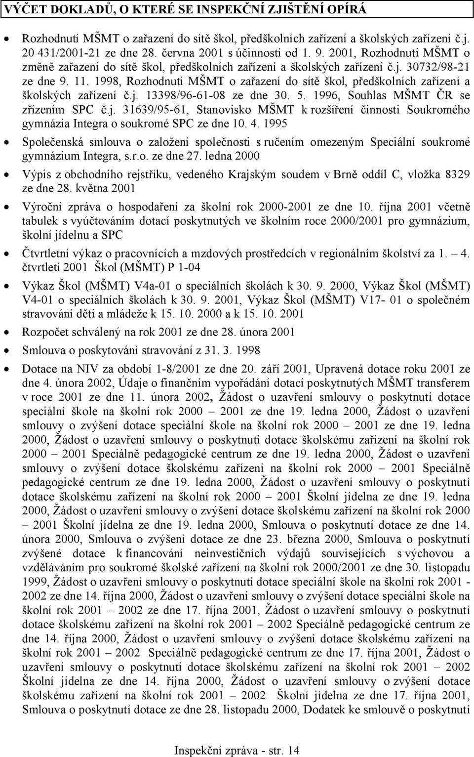 1998, Rozhodnutí MŠMT o zařazení do sítě škol, předškolních zařízení a školských zařízení č.j. 13398/96-61-08 ze dne 30. 5. 1996, Souhlas MŠMT ČR se zřízením SPC č.j. 31639/95-61, Stanovisko MŠMT k rozšíření činnosti Soukromého gymnázia Integra o soukromé SPC ze dne 10.