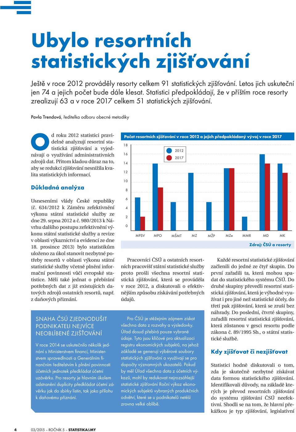 Pavla Trendová, ředitelka odboru obecné metodiky Od roku 2012 statistici pravidelně analyzují resortní statistická zjišťování a vyjednávají o využívání administrativních zdrojů dat.