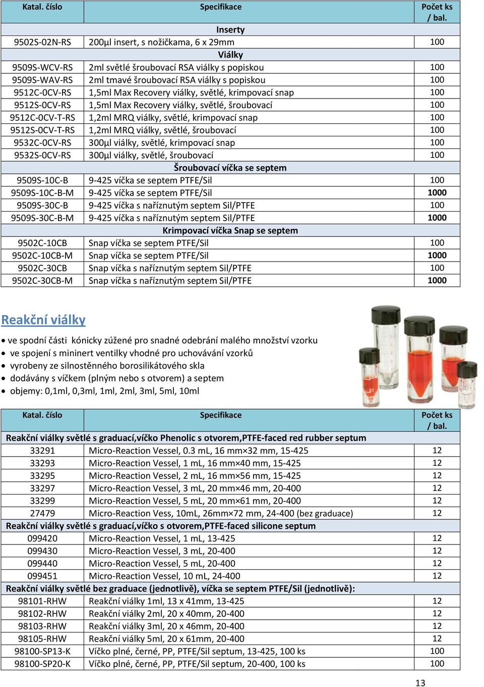 9512S-0CV-T-RS 1,2ml MRQ viálky, světlé, šroubovací 100 9532C-0CV-RS 300µl viálky, světlé, krimpovací snap 100 9532S-0CV-RS 300µl viálky, světlé, šroubovací 100 Šroubovací víčka se septem 9509S-10C-B