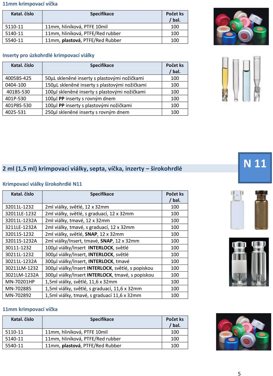 inserty s rovným dnem 100 401PBS-530 100µl PP inserty s plastovými nožičkami 100 4025-531 250µl skleněné inserty s rovným dnem 100 2 ml (1,5 ml) krimpovací viálky, septa, víčka, inzerty širokohrdlé N