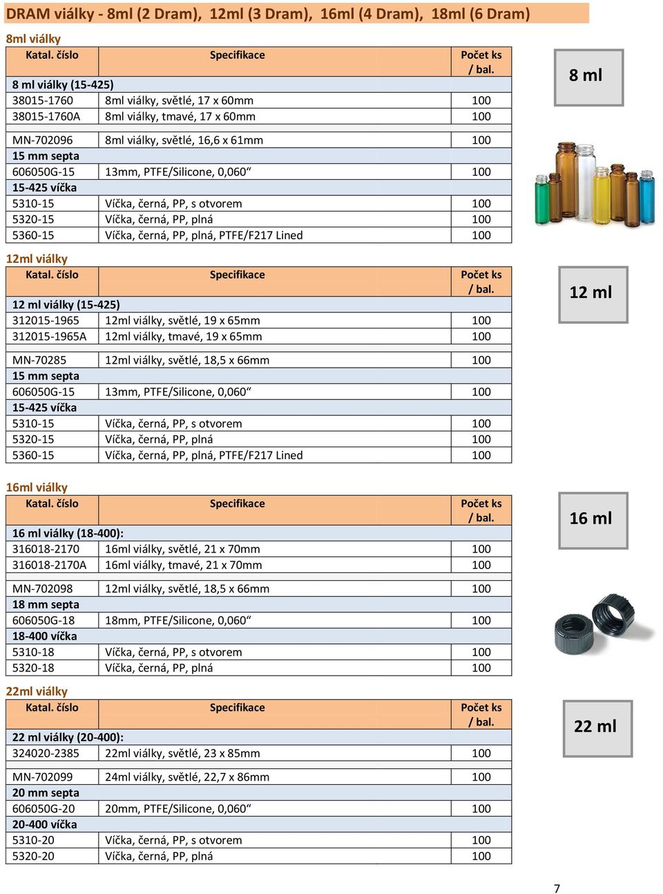 Víčka, černá, PP, plná, PTFE/F217 Lined 100 12ml viálky 12 ml viálky (15-425) 312015-1965 12ml viálky, světlé, 19 x 65mm 100 312015-1965A 12ml viálky, tmavé, 19 x 65mm 100 MN-70285 12ml viálky,