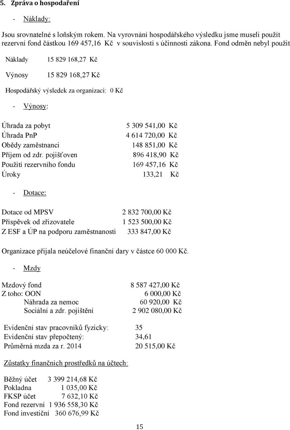 pojišťoven Použití rezervního fondu Úroky 5 309 541,00 Kč 4 614 720,00 Kč 148 851,00 Kč 896 418,90 Kč 169 457,16 Kč 133,21 Kč - Dotace: Dotace od MPSV Příspěvek od zřizovatele Z ESF a ÚP na podporu