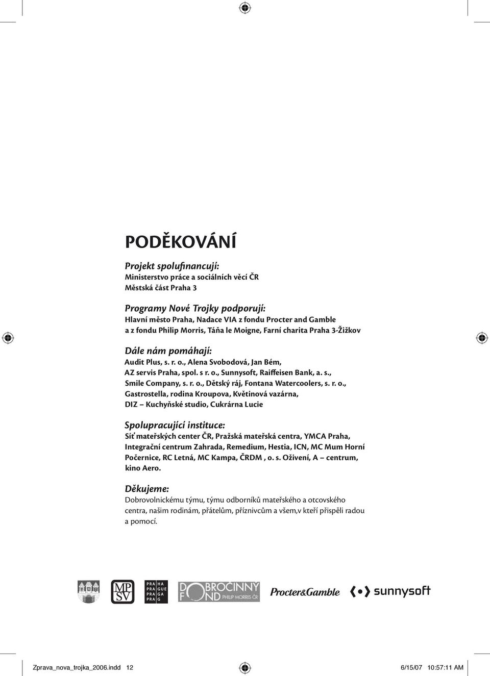 r. o., Dětský ráj, Fontana Watercoolers, s. r. o., Gastrostella, rodina Kroupova, Květinová vazárna, DIZ Kuchyňské studio, Cukrárna Lucie Spolupracující instituce: Síť mateřských center ČR, Pražská