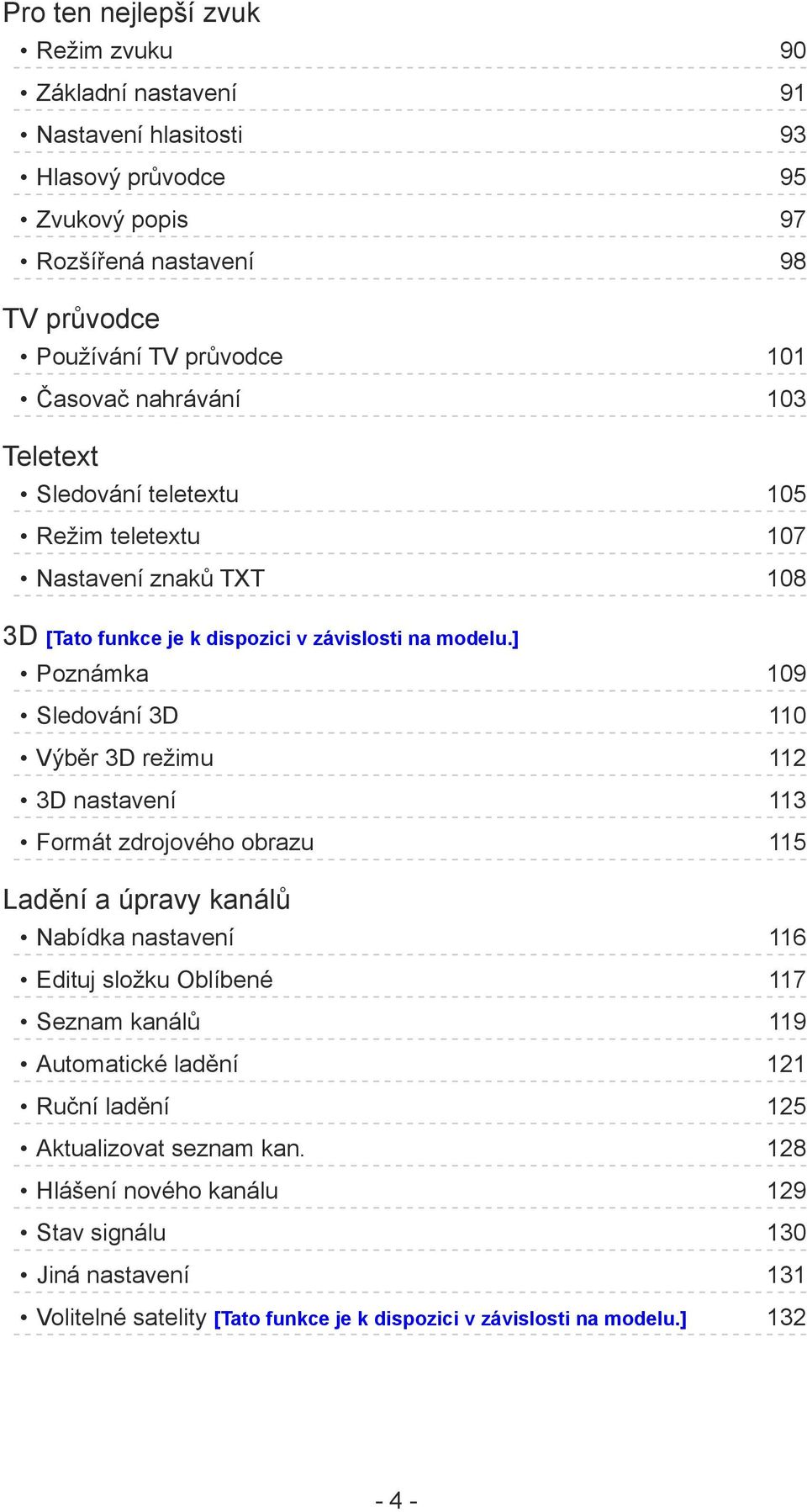 ] Poznámka 109 Sledování 3D 110 Výběr 3D režimu 112 3D nastavení 113 Formát zdrojového obrazu 115 Ladění a úpravy kanálů Nabídka nastavení 116 Edituj složku Oblíbené 117 Seznam