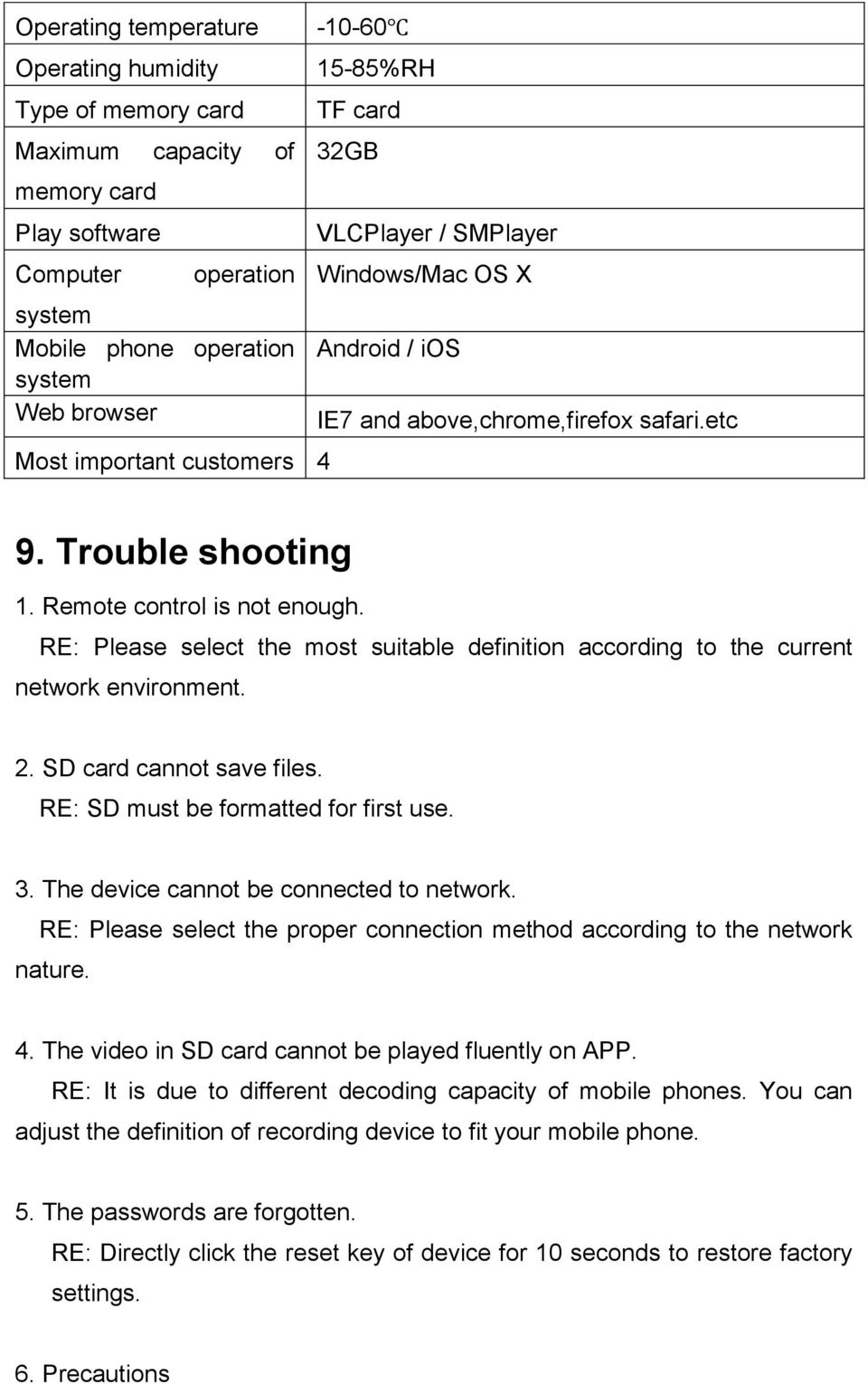 RE: Please select the most suitable definition according to the current network environment. 2. SD card cannot save files. RE: SD must be formatted for first use. 3.