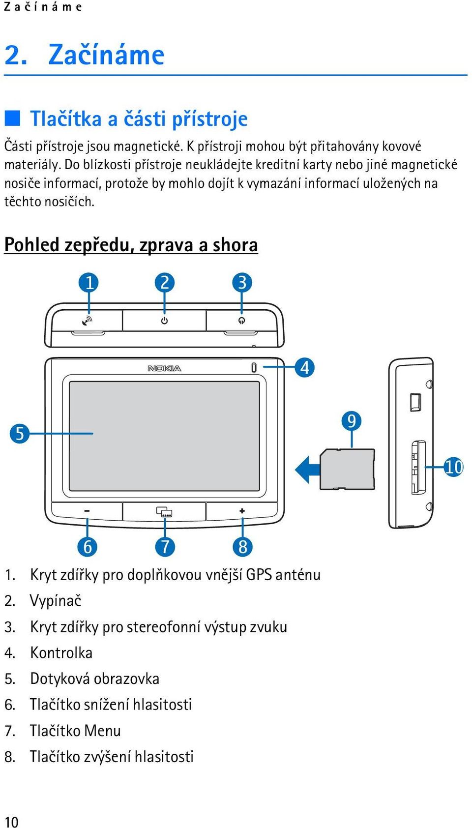 ulo¾ených na tìchto nosièích. Pohled zepøedu, zprava a shora 1 2 3 4 5 9 10 6 7 8 1. Kryt zdíøky pro doplòkovou vnìj¹í GPS anténu 2.