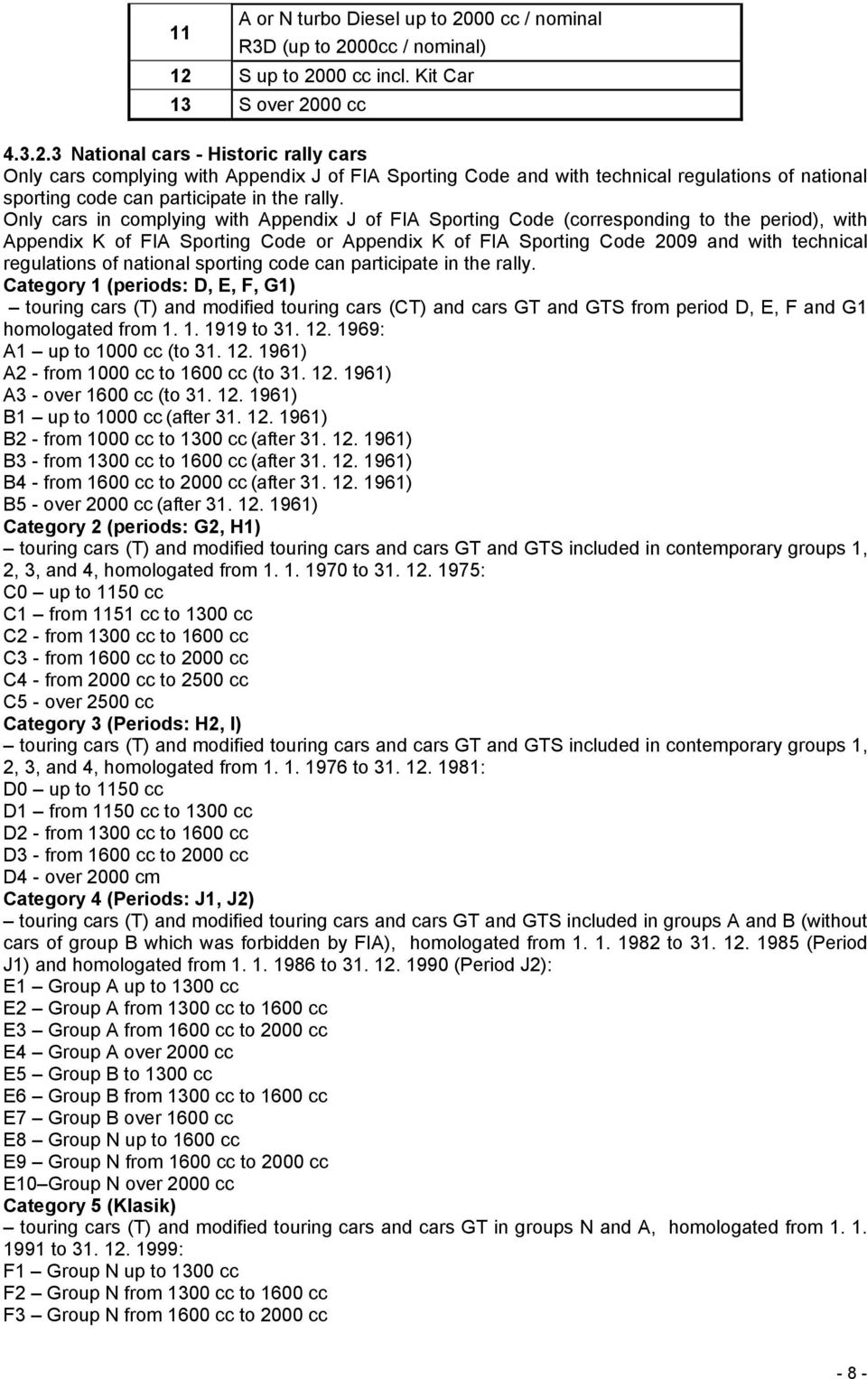 00cc / nominal) 12 S up to 2000 cc incl. Kit Car 13 S over 2000 cc 4.3.2.3 National cars - Historic rally cars Only cars complying with Appendix J of FIA Sporting Code and with technical regulations of national sporting code can participate in the rally.