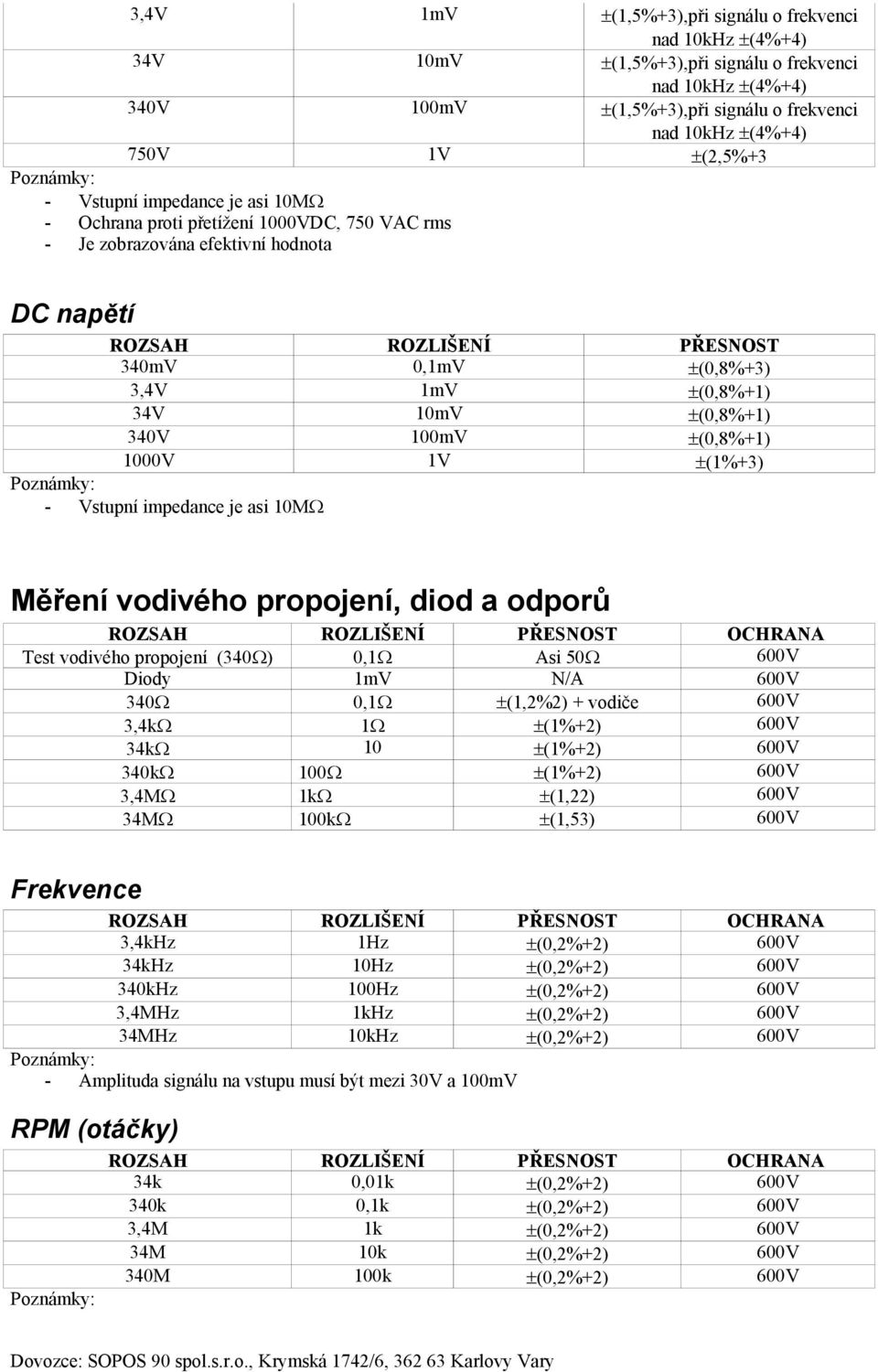 340V 100mV (0,8%+1) 1000V 1V (1%+3) - Vstupní impedance je asi 10M Měření vodivého propojení, diod a odporů ROZSAH ROZLIŠENÍ PŘESNOST OCHRANA Test vodivého propojení (340 ) 0,1 Asi 50 600V Diody 1mV