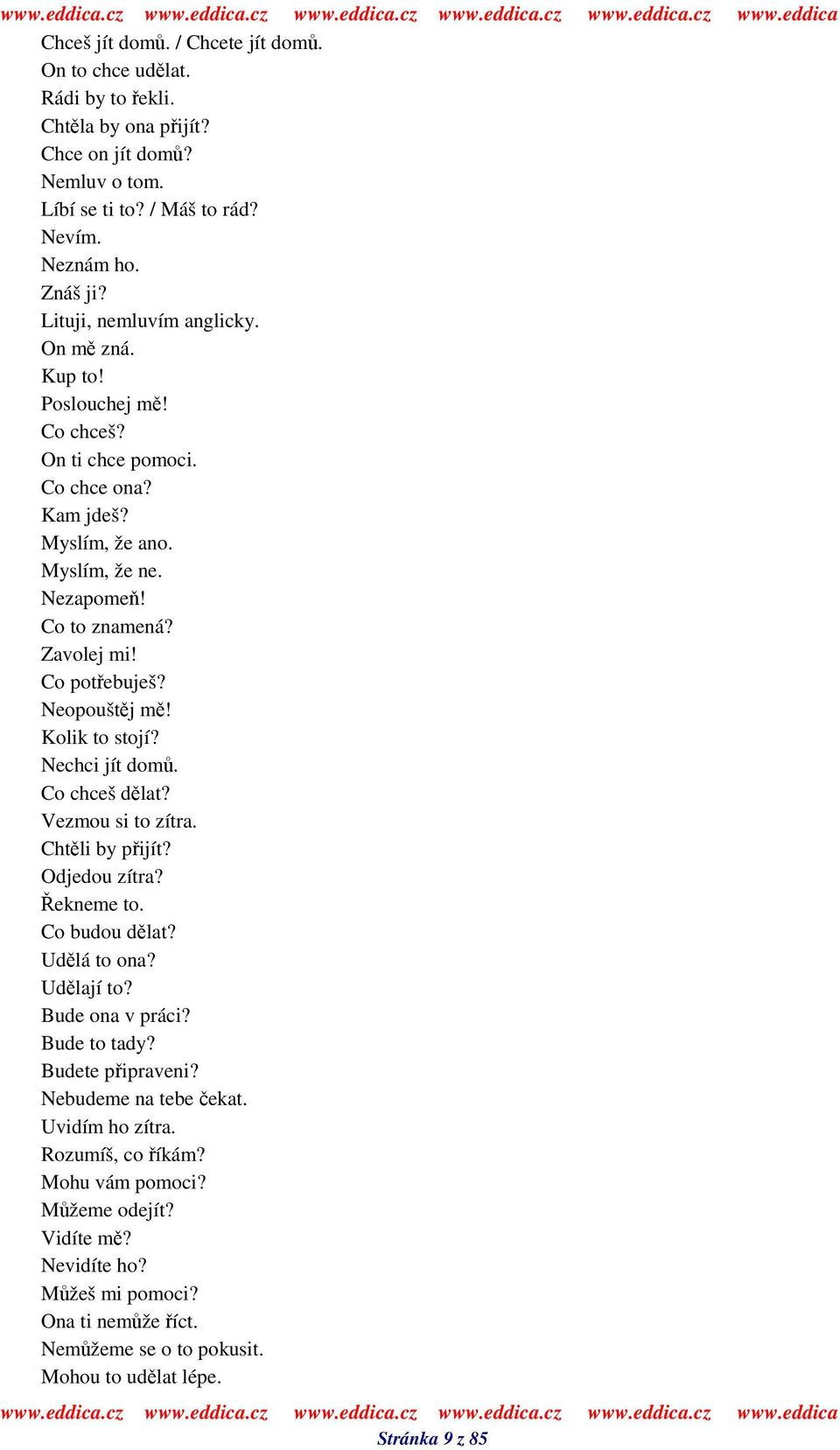 Neopouštj m! Kolik to stojí? Nechci jít dom. Co chceš dlat? Vezmou si to zítra. Chtli by pijít? Odjedou zítra? ekneme to. Co budou dlat? Udlá to ona? Udlají to? Bude ona v práci? Bude to tady?