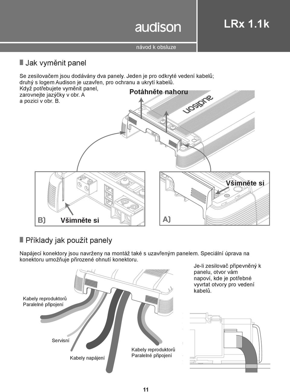 A Potáhněte nahoru a pozici v obr. B. Všimněte si B) Všimněte si A) Příklady jak použít panely Napájecí konektory jsou navrženy na montáž také s uzavřeným panelem.