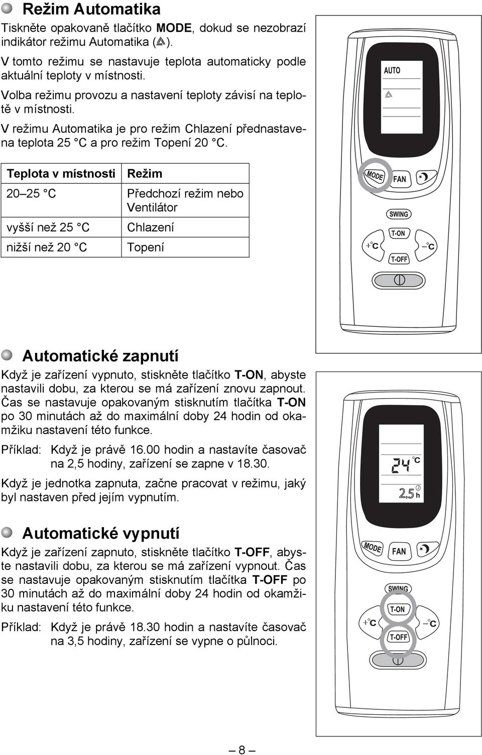 Teplota v místnosti Režim 20 25 C Předchozí režim nebo Ventilátor vyšší než 25 C nižší než 20 C Chlazení Topení Automatické zapnutí Když je zařízení vypnuto, stiskněte tlačítko T-ON, abyste nastavili