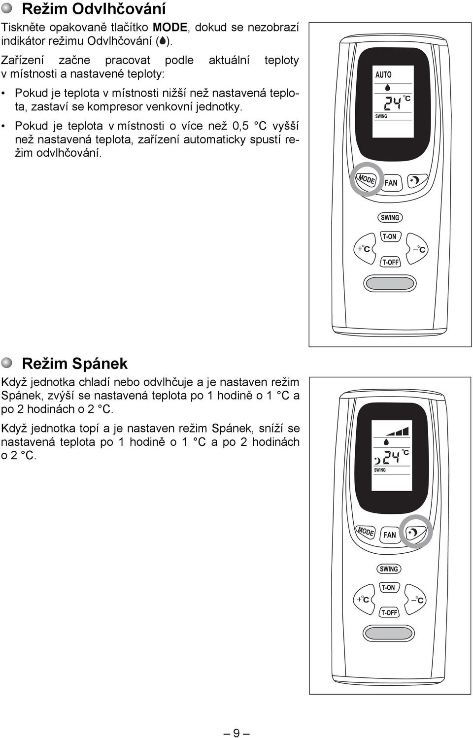 venkovní jednotky. Pokud je teplota v místnosti o více než 0,5 C vyšší než nastavená teplota, zařízení automaticky spustí režim odvlhčování.