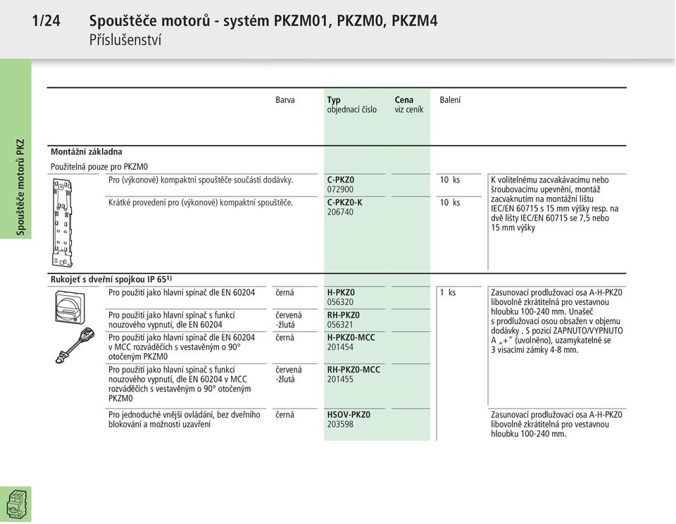 C-PKZ0 072900 C-PKZ0-K 206740 10 ks K volitelnému zacvakávacímu nebo šroubovacímu upevnění, montáž 10 ks zacvaknutím na montážní lištu IEC/EN 60715 s 15 mm výšky resp.