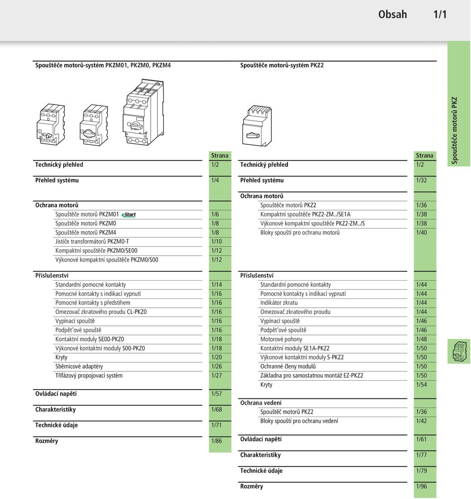 1/16 Pomocné kontakty s předstihem 1/16 Omezovač zkratového proudu CL-PKZ0 1/16 Vypínací spouště 1/16 Podpět ové spouště 1/16 Kontaktní moduly SE00-PKZ0 1/18 Výkonové kontaktní moduly S00-PKZ0 1/18