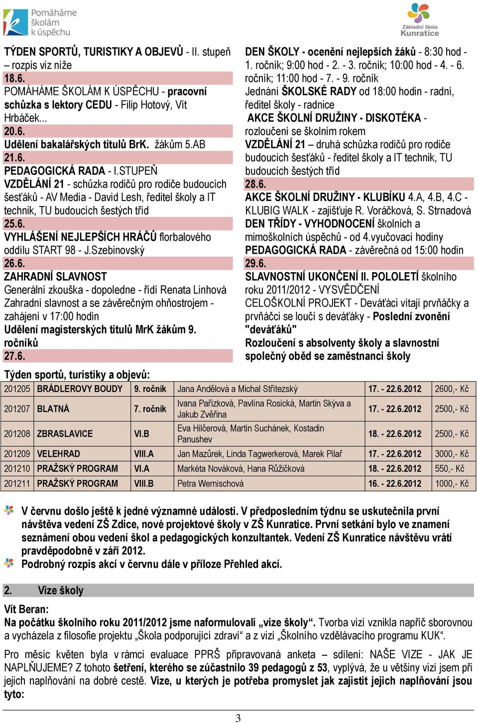 Szebinovský 26.6. ZAHRADNÍ SLAVNOST Generální zkouška - dopoledne - řídí Renata Linhová Zahradní slavnost a se závěrečným ohňostrojem - zahájení v 17:00 hodin Udělení magisterských titulů MrK žákům 9.