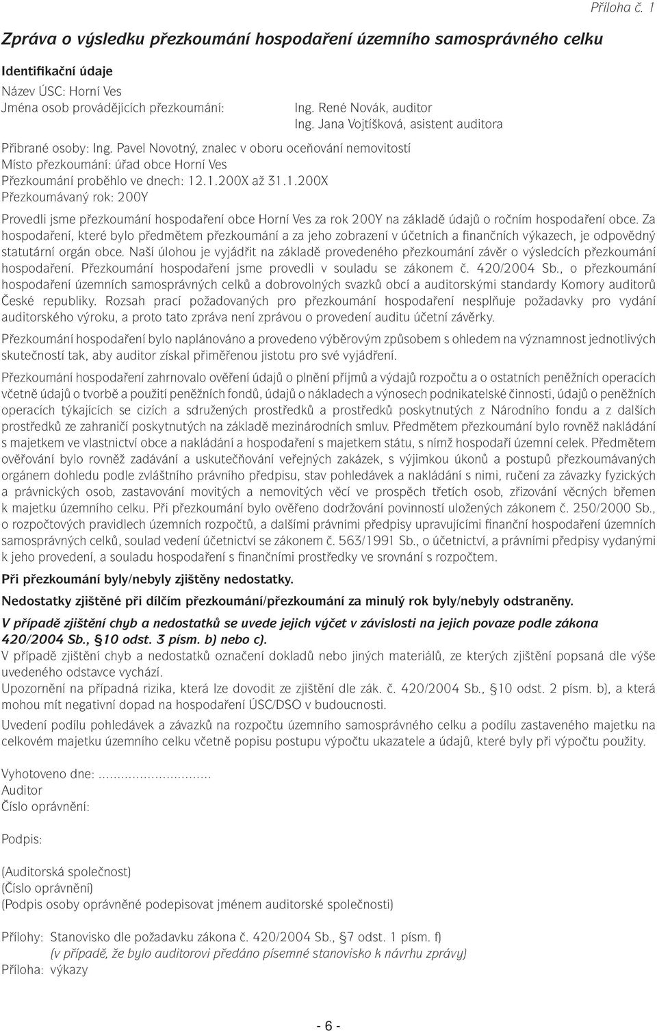 1.200X Přezkoumávaný rok: 200Y Provedli jsme přezkoumání hospodaření obce Horní Ves za rok 200Y na základě údajů o ročním hospodaření obce.