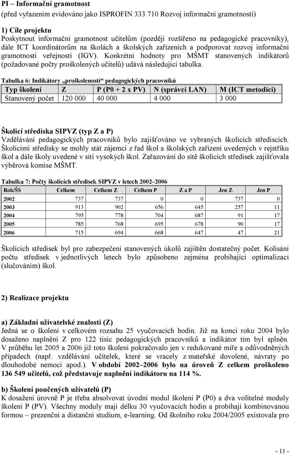 Konkrétní hodnoty pro MŠMT stanovených indikátorů (požadované počty proškolených učitelů) udává následující tabulka.