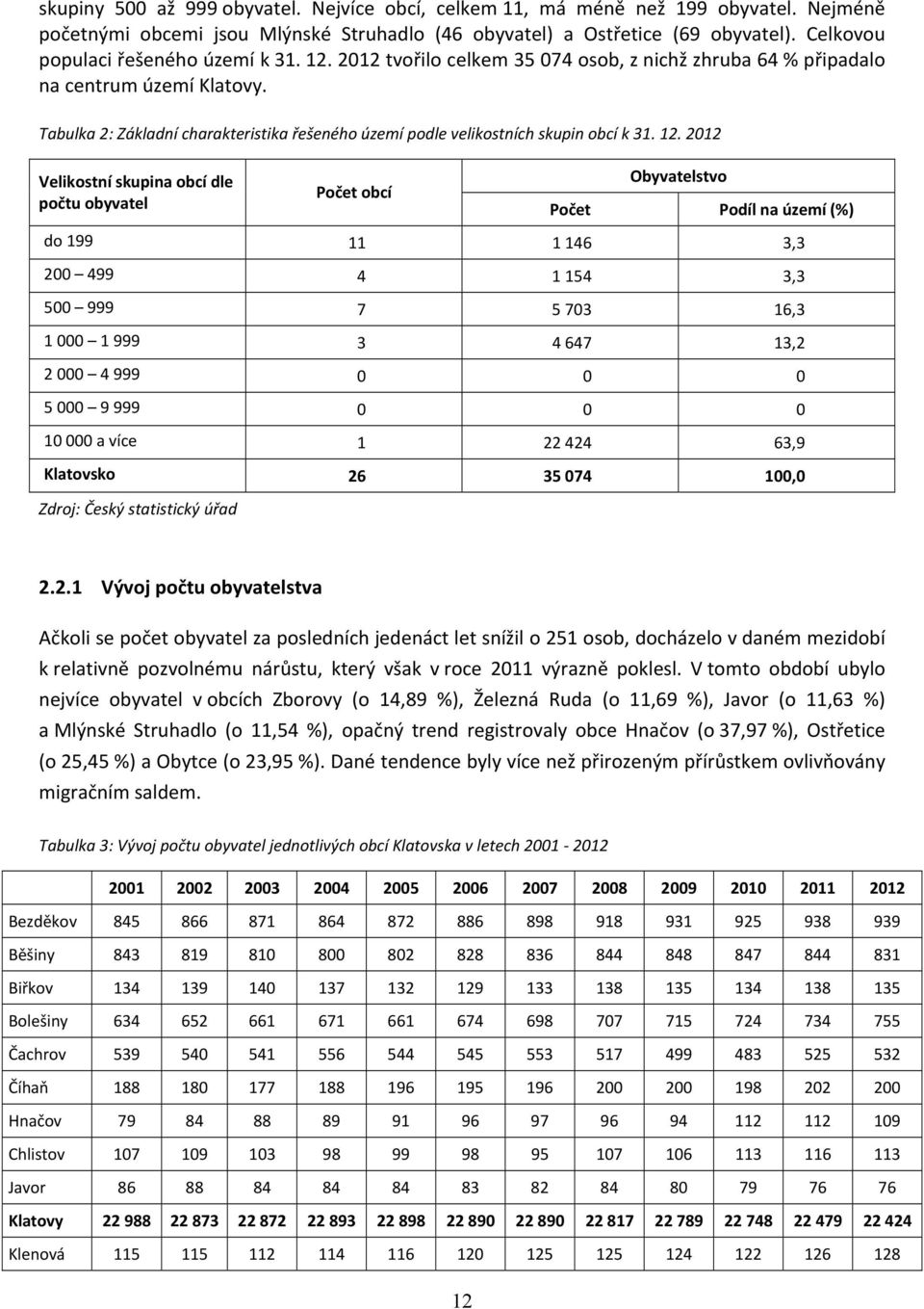 Tabulka 2: Základní charakteristika řešeného území podle velikostních skupin obcí k 31. 12.